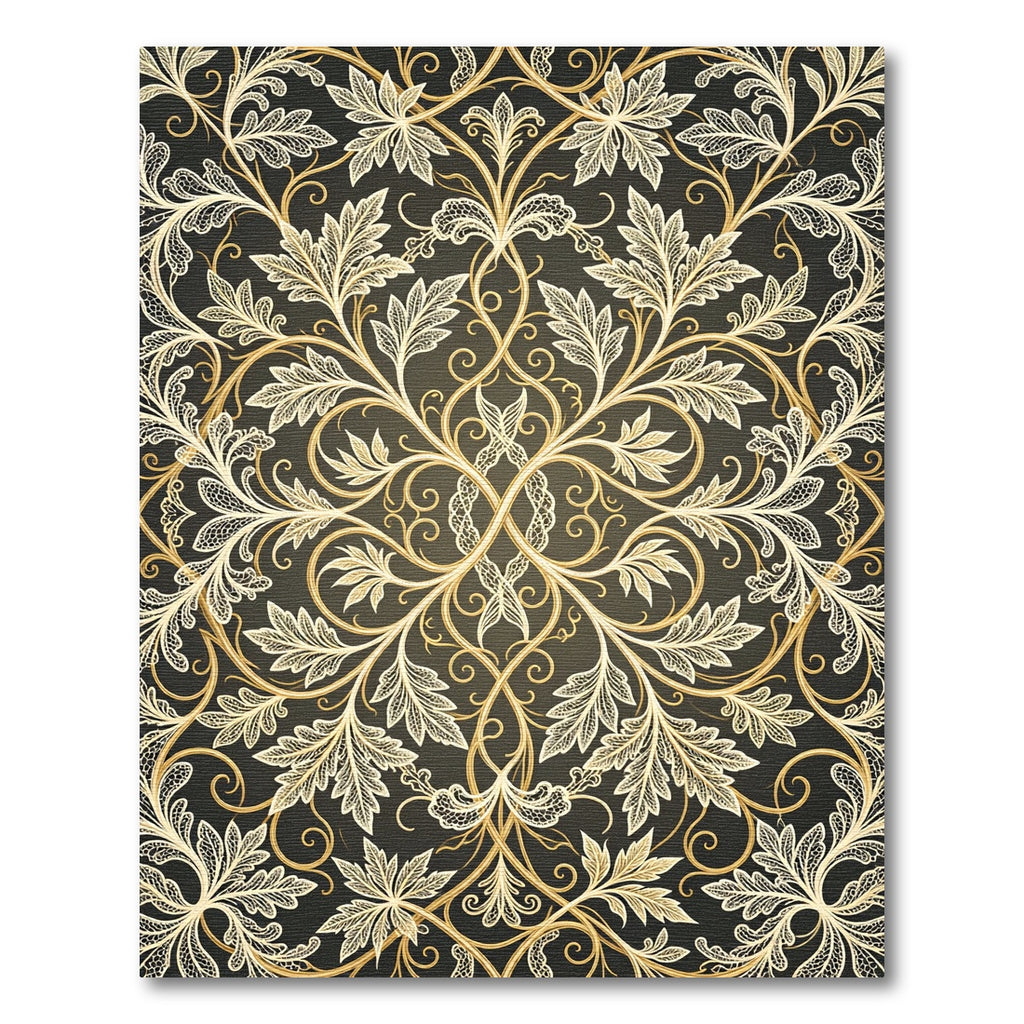 Ornate Golden Filigree Foliage Scroll Rug