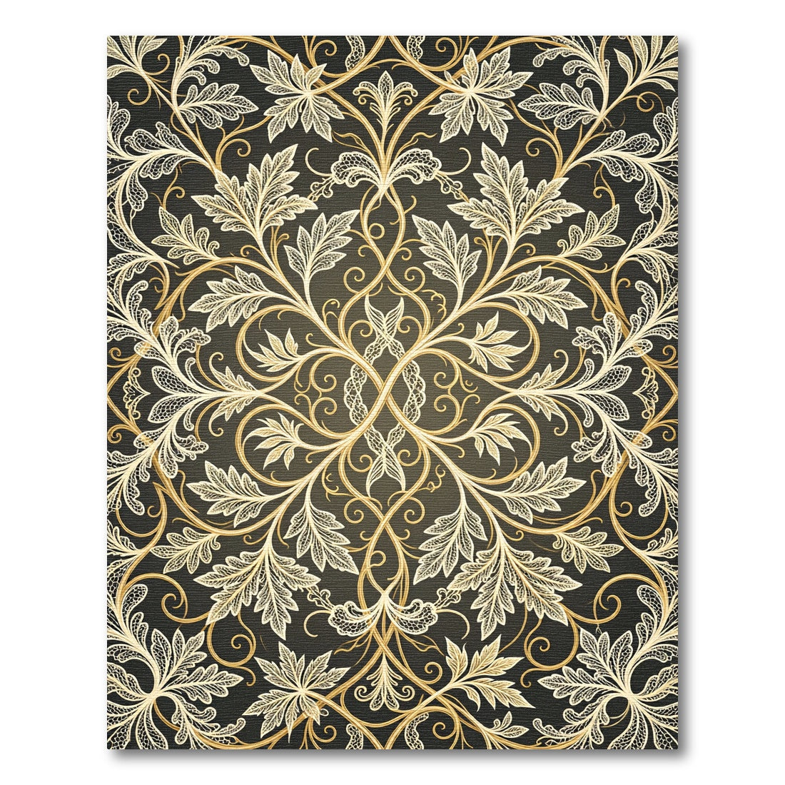 Ornate Golden Filigree Foliage Scroll Rug