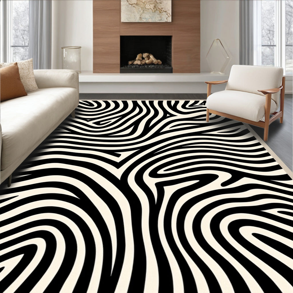 Cream Zebra Print Abstract Curves Rug