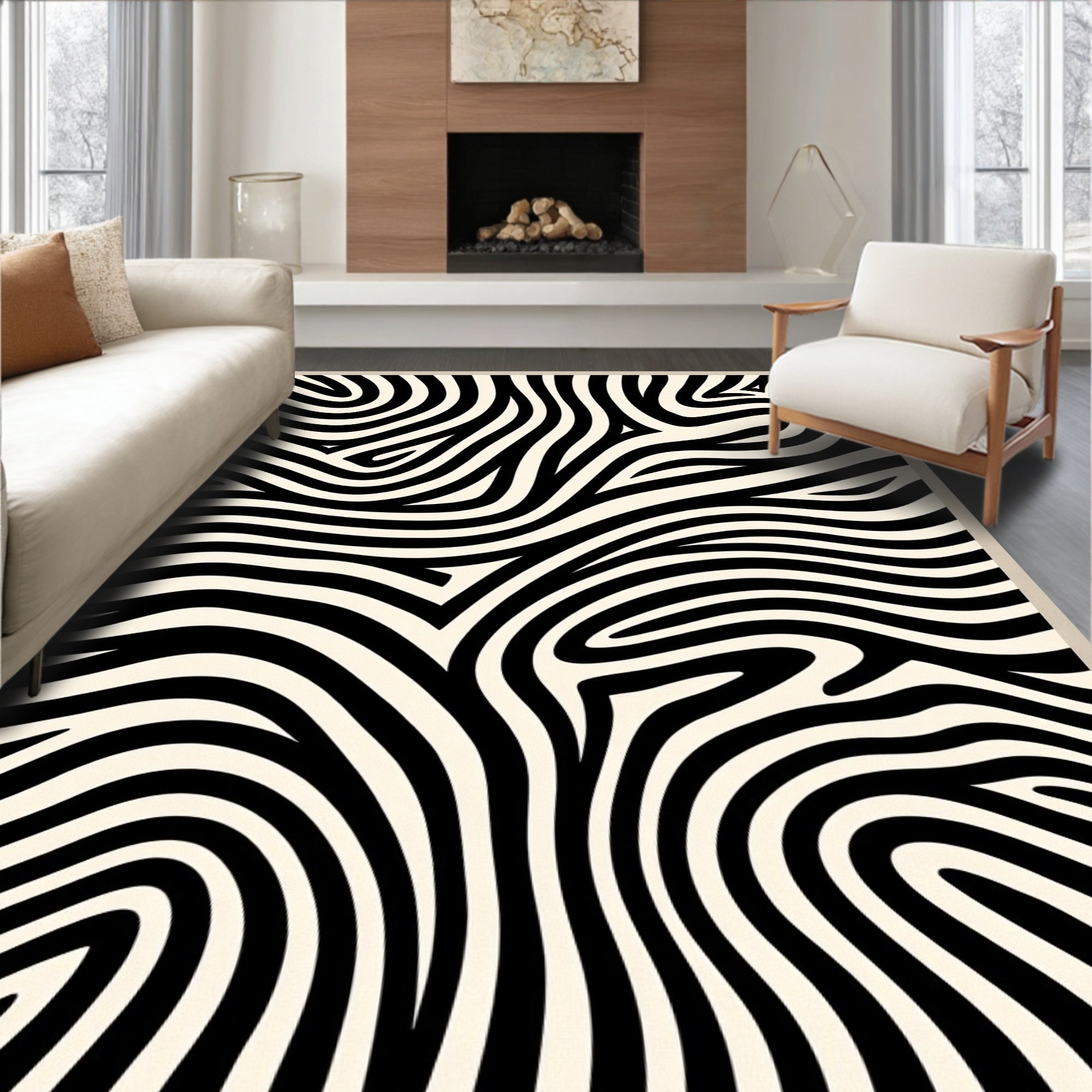 Cream Zebra Print Abstract Curves Rug