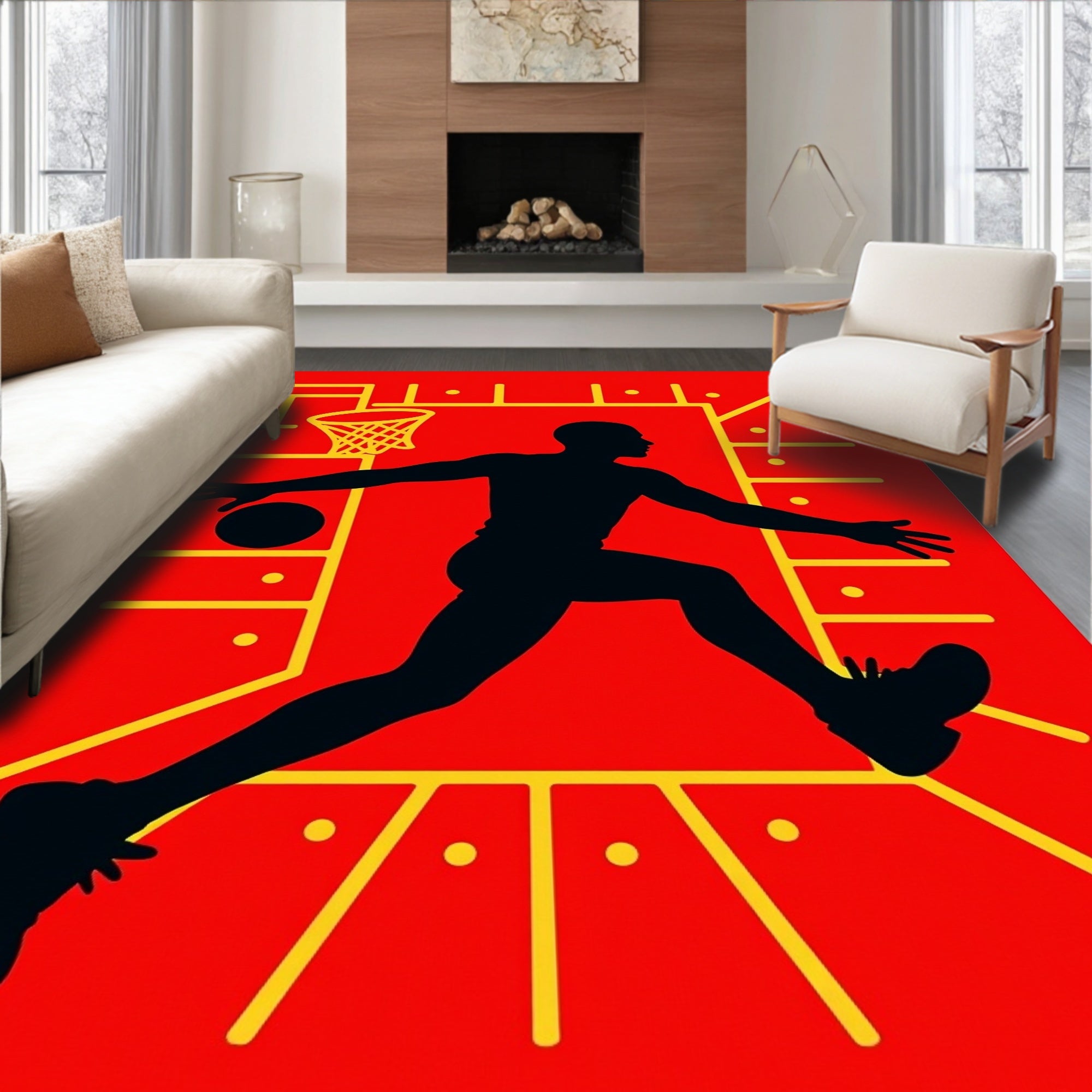 Red Black Basketball Player Court Rug