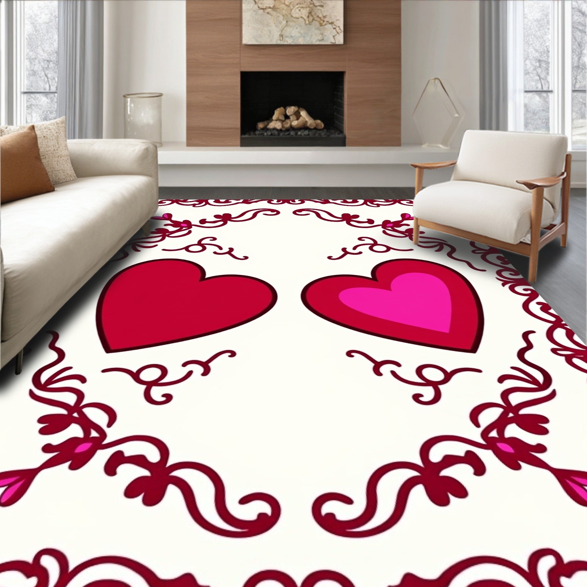 Red Pink Hearts Decorative Border Rug