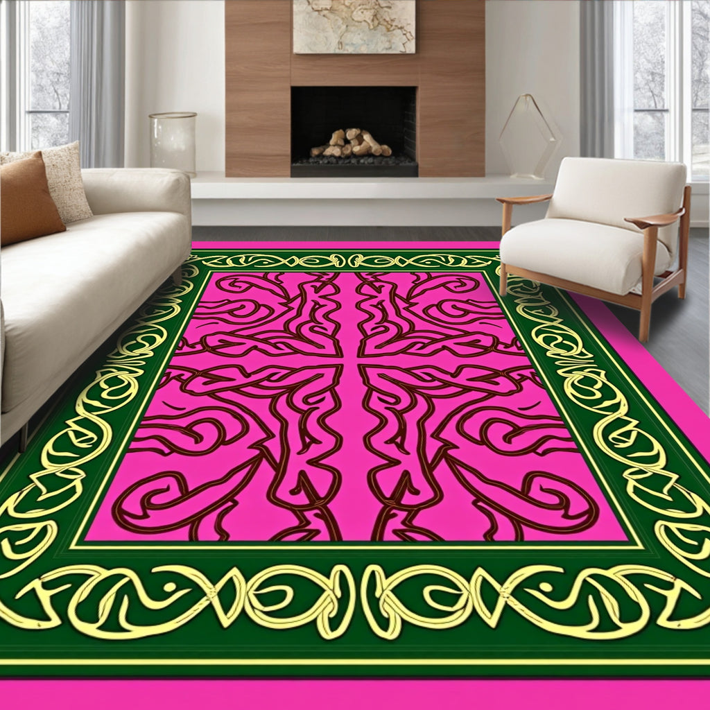 Vibrant Pink Gilded Scrollwork Border Rug