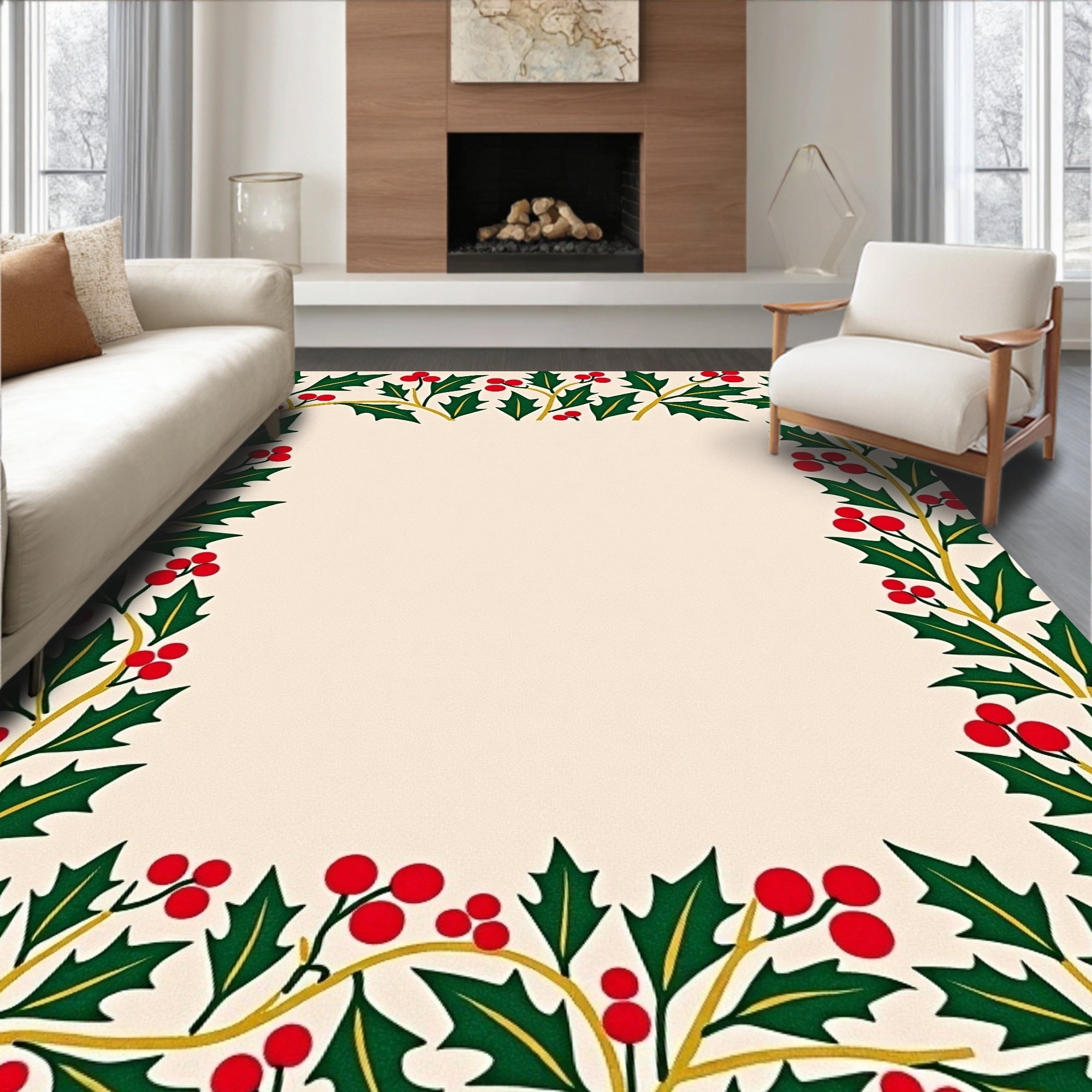 Green Holly Berry Border Rug