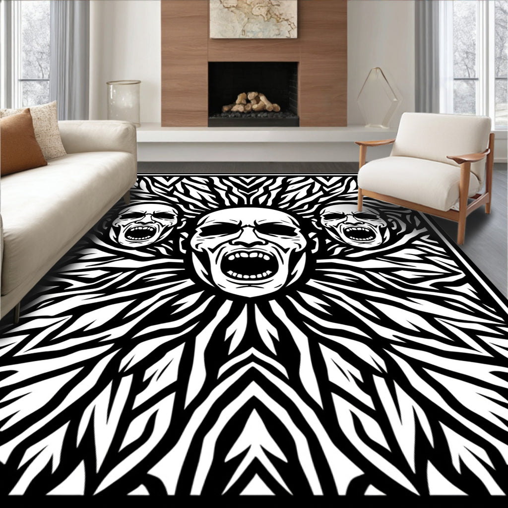 Tribal Screaming Faces Black White Rug