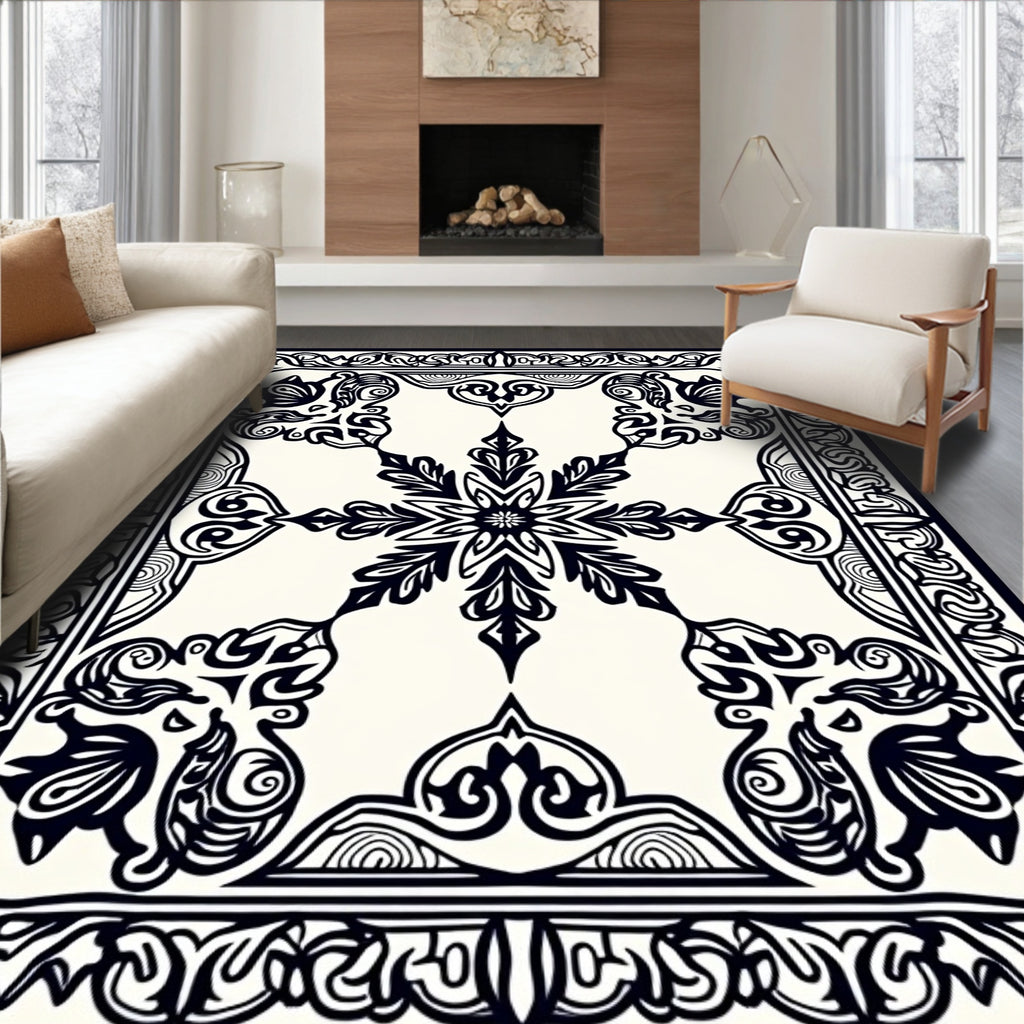 Ornate Black Floral Medallion Border Rug