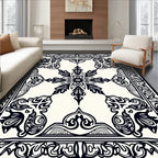 Ornate Black Floral Medallion Border Rug