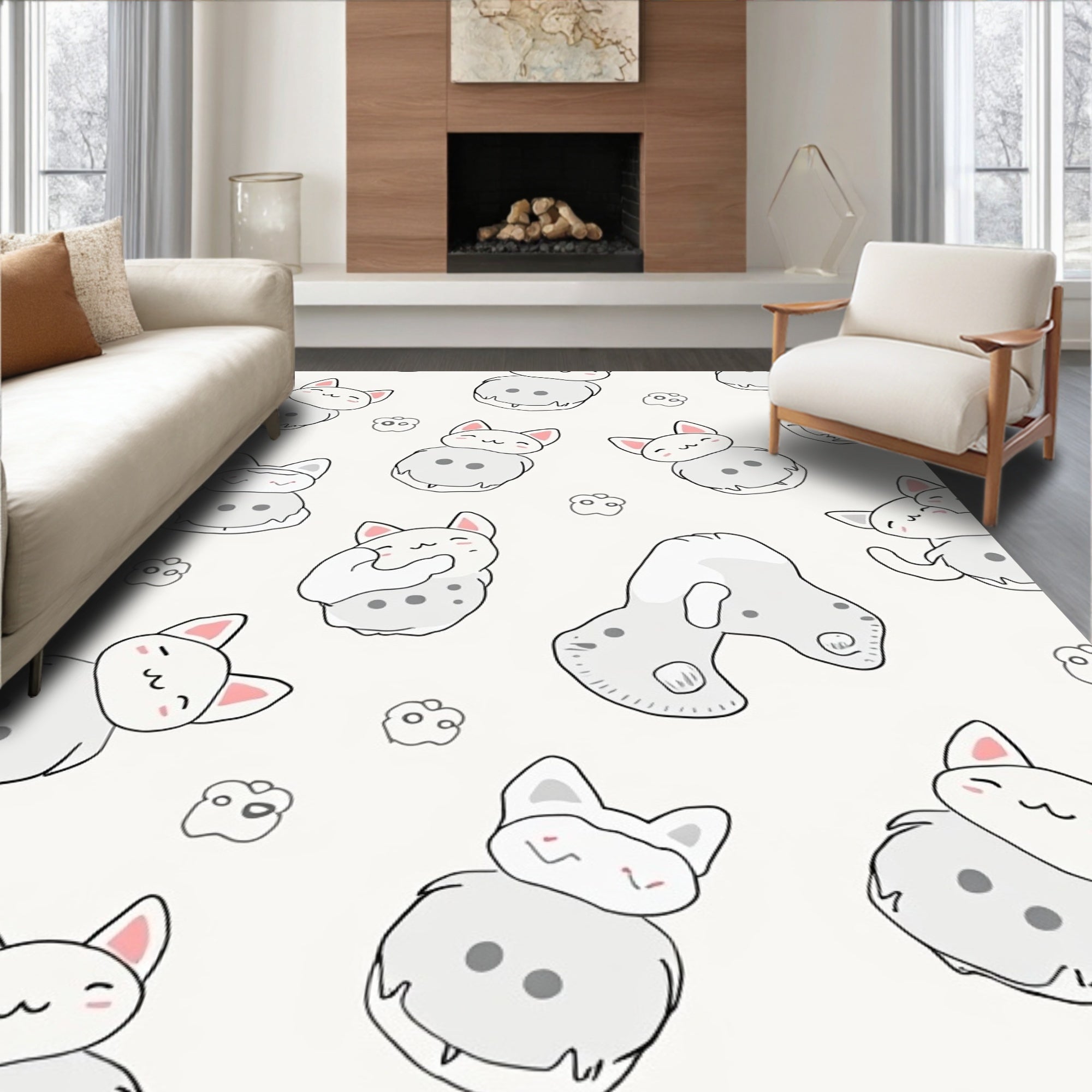 Cute Grey Bunny Cat Scattered Arrangement Rug