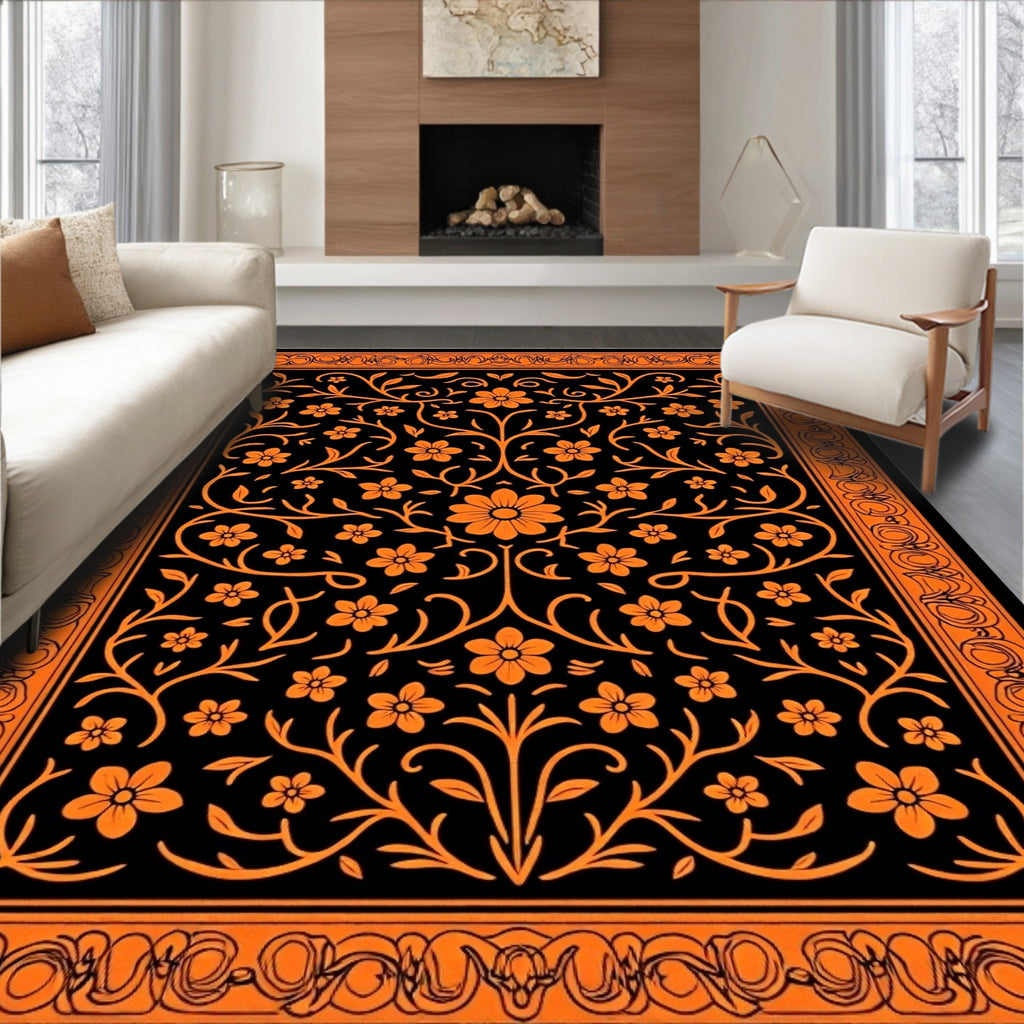 Vibrant Orange Floral Vine Border Rug