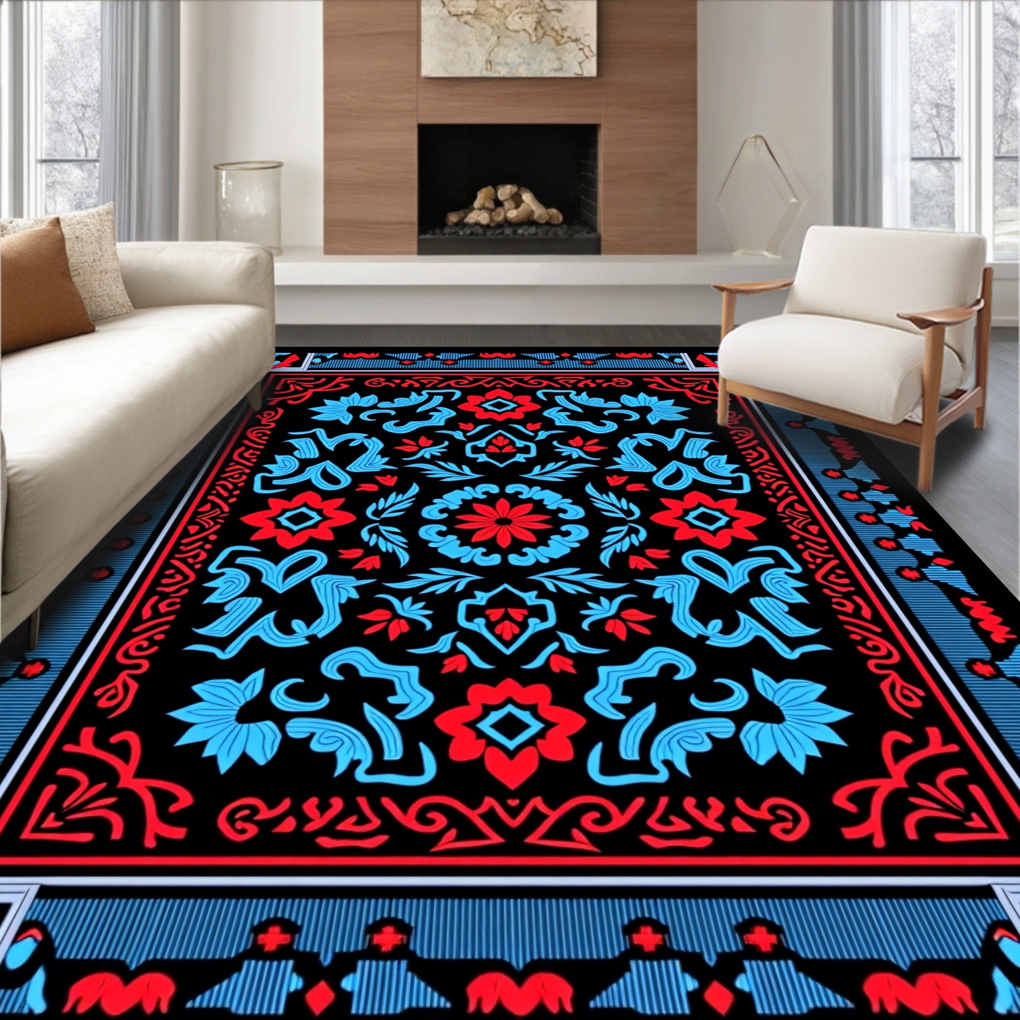 Bold Red Blue Floral Medallion Rug