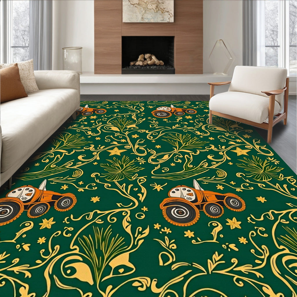 Orange Tractor Green Floral Meadow Rug