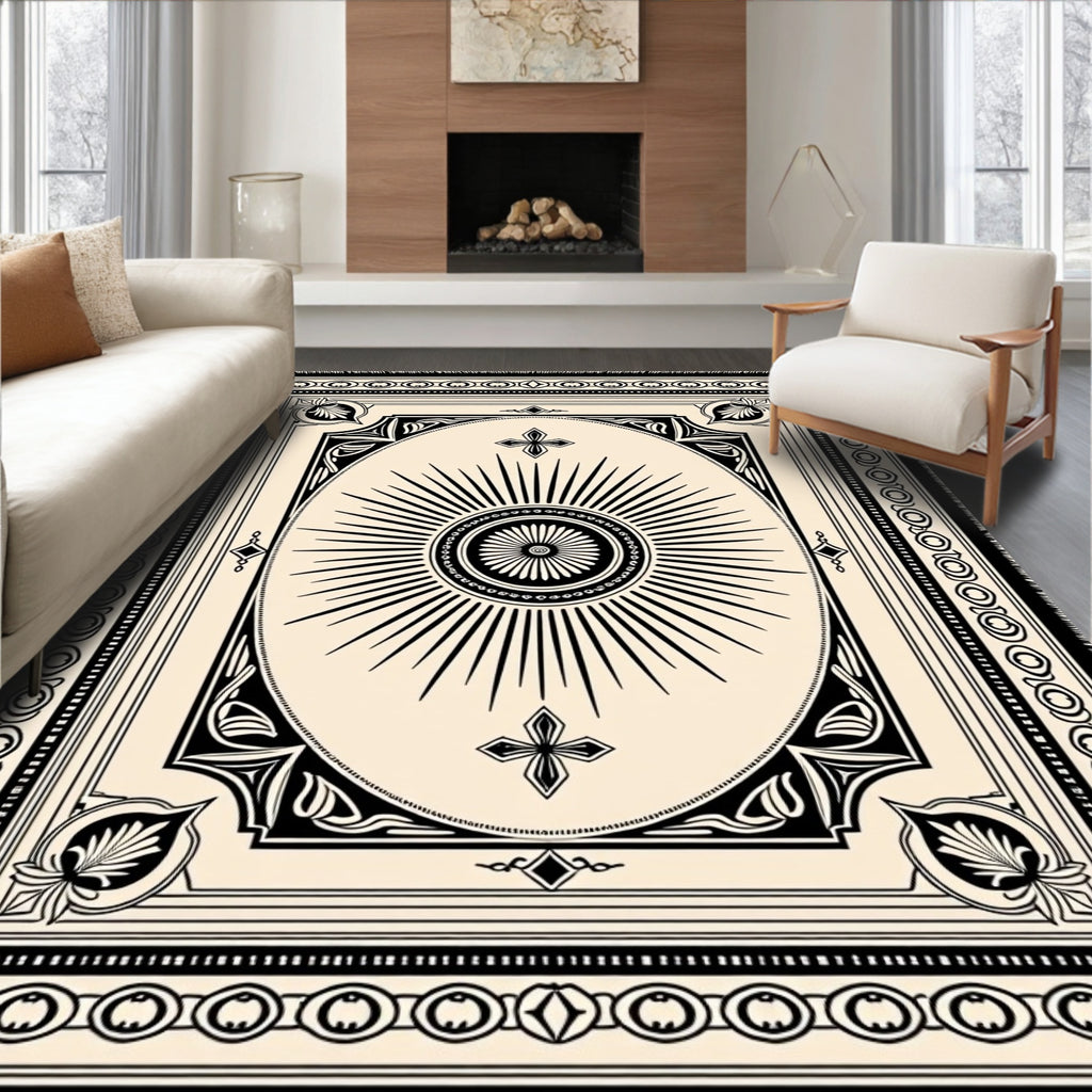 Ornate Cream Black Sunburst Medallion Rug