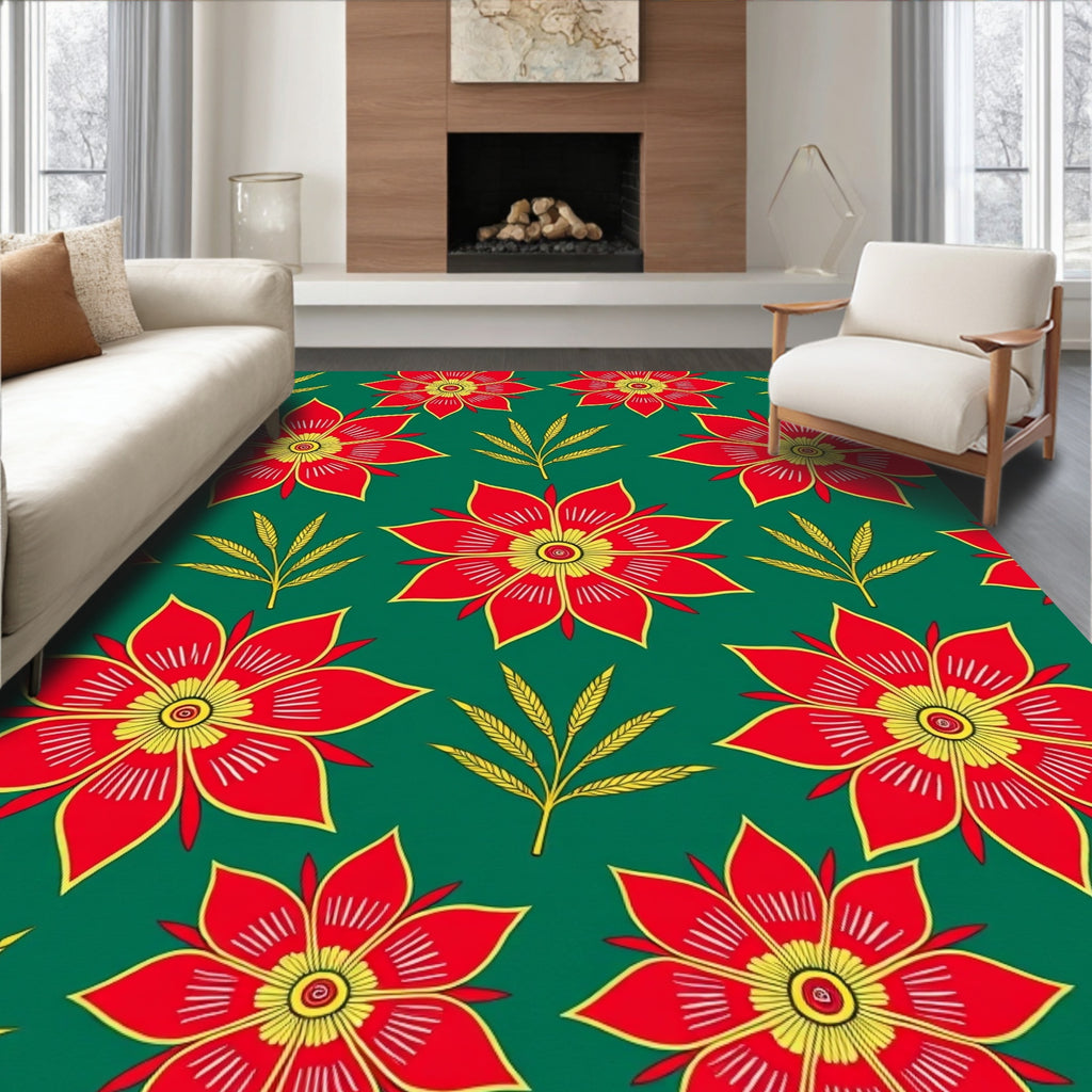 Bold Red Yellow Floral Wheat Rug