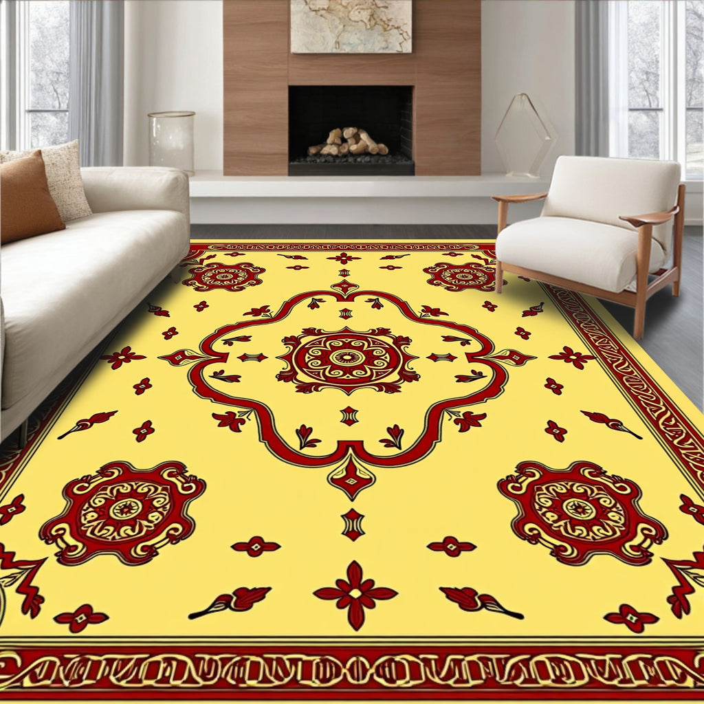 Ornate Red Floral Medallion Yellow Rug