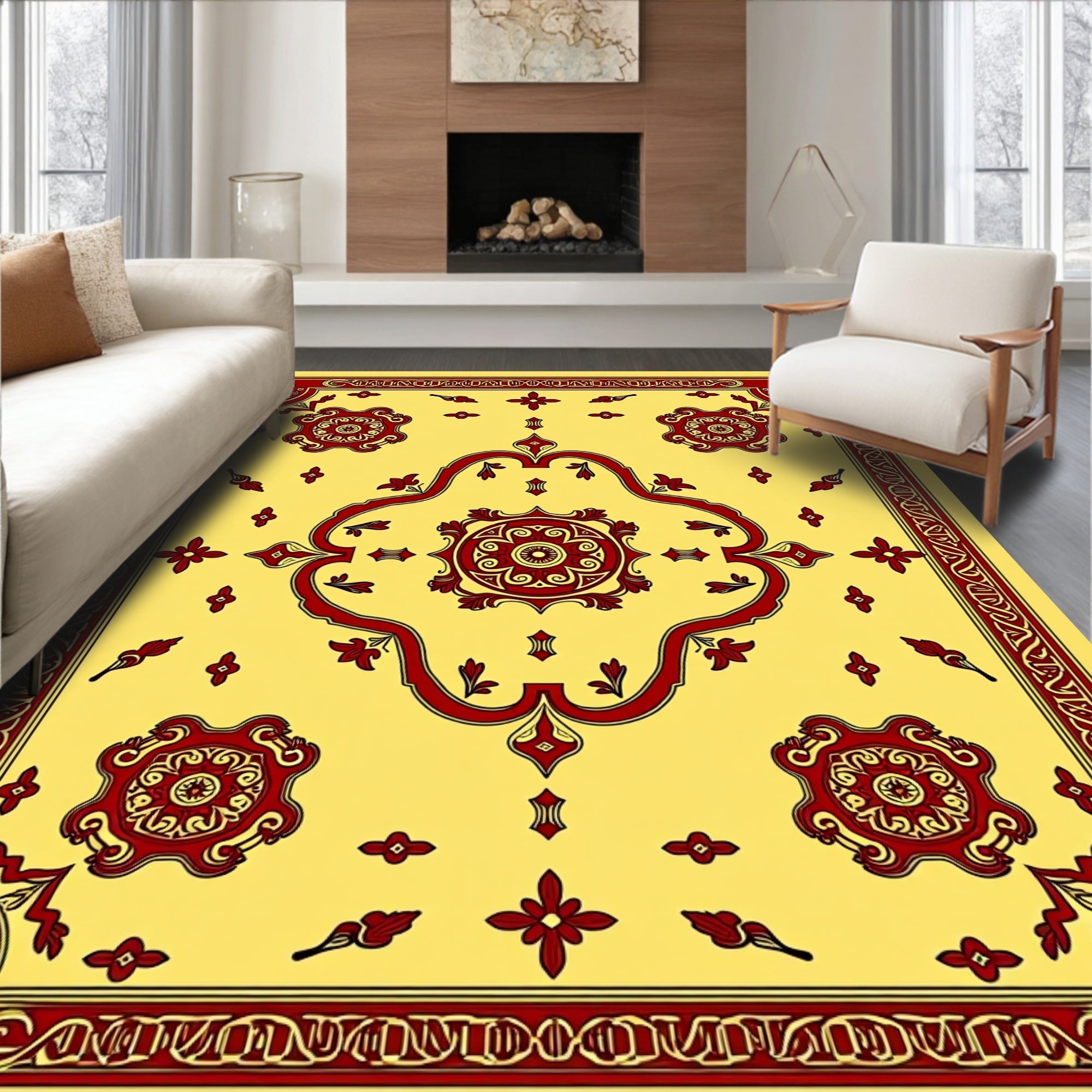 Ornate Red Floral Medallion Yellow Rug