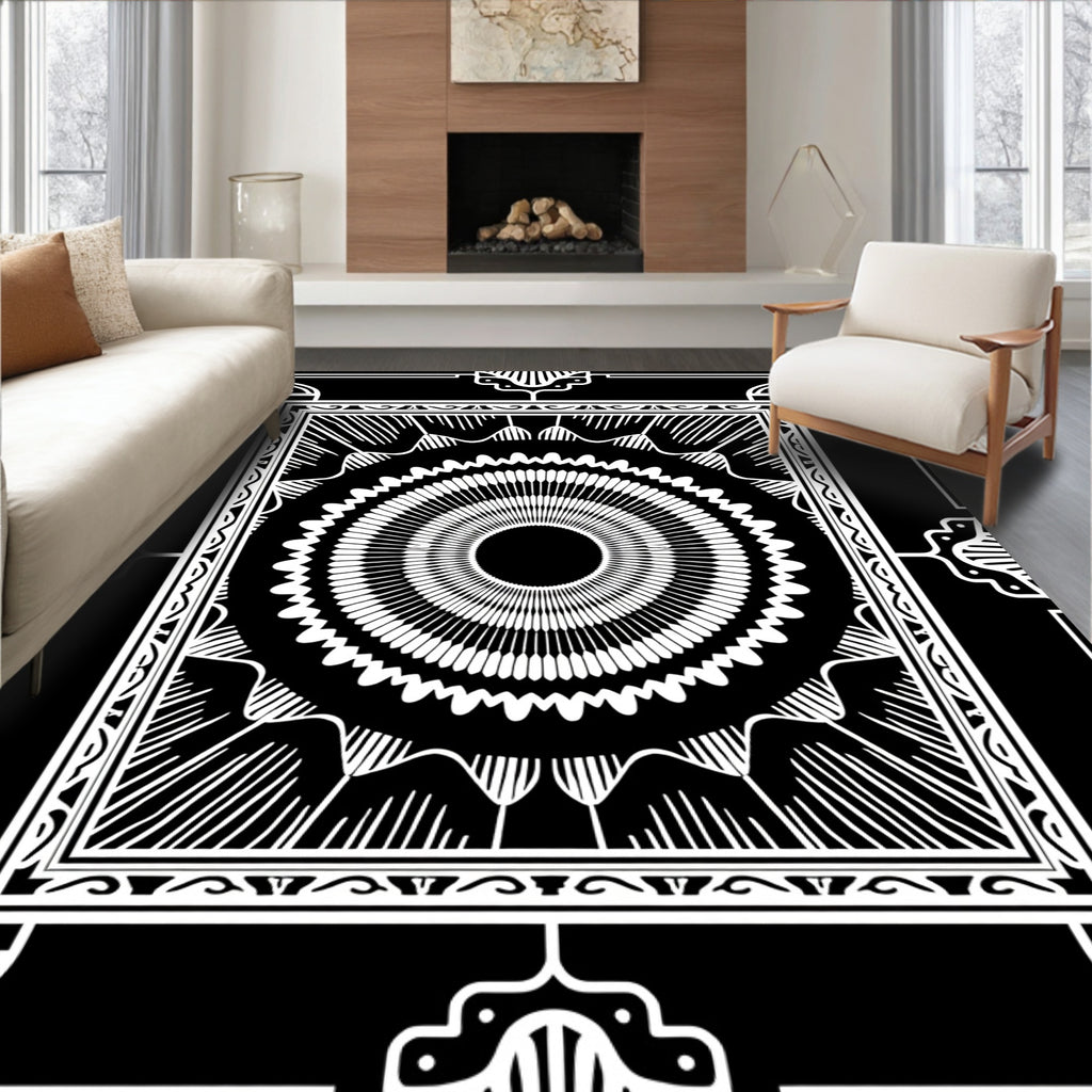 Black and White Radial Sunburst Mandala Rug