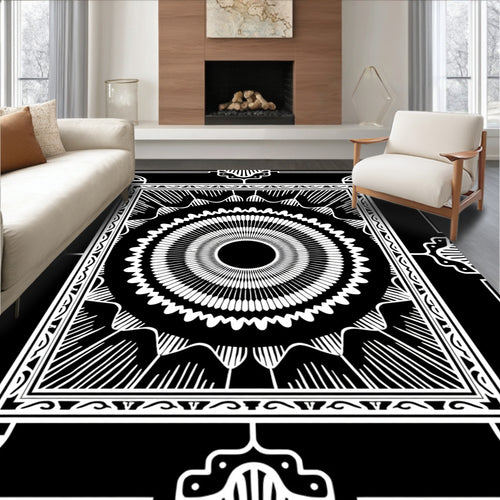 Black and White Radial Sunburst Mandala Rug
