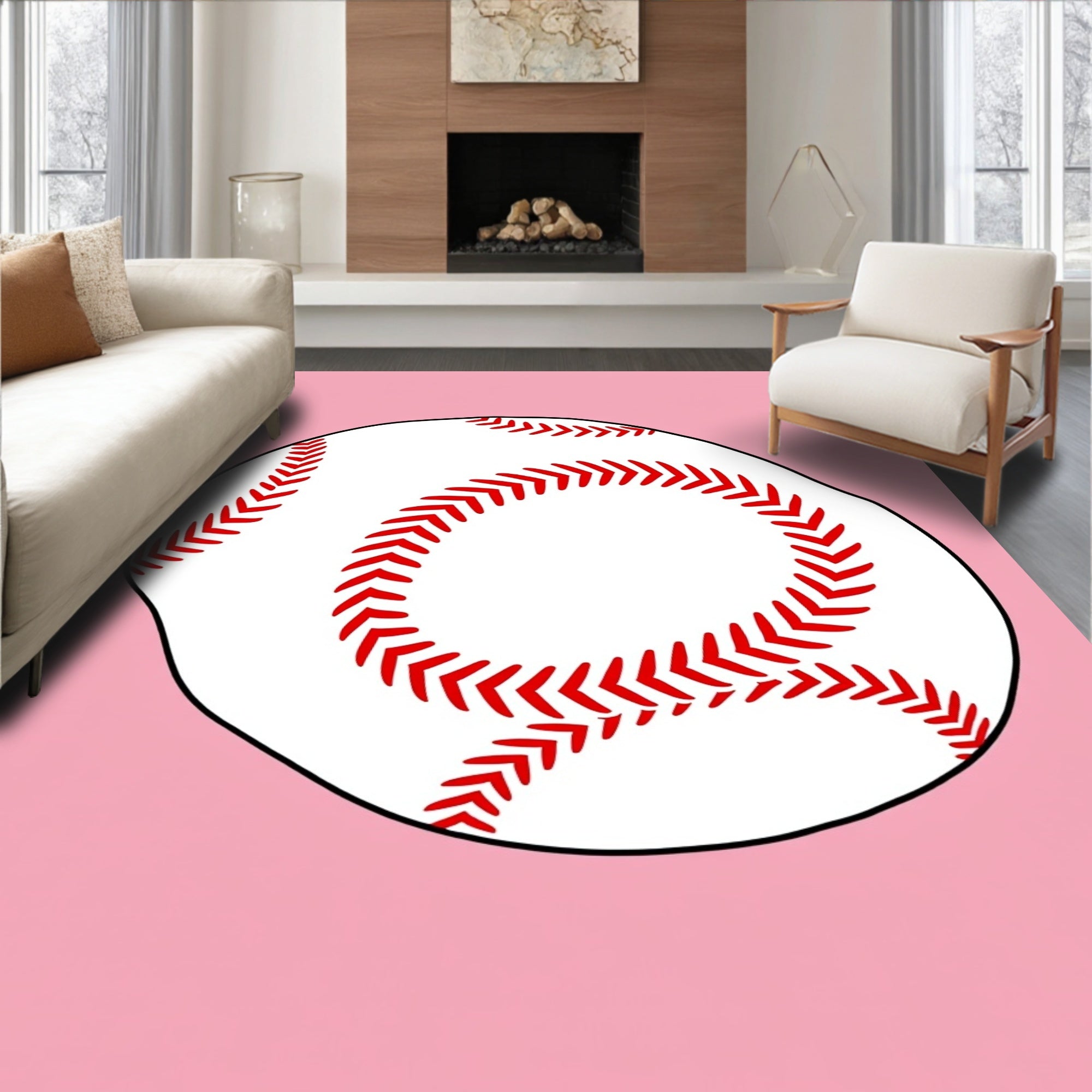Classic White Red Stitch Ball Rug