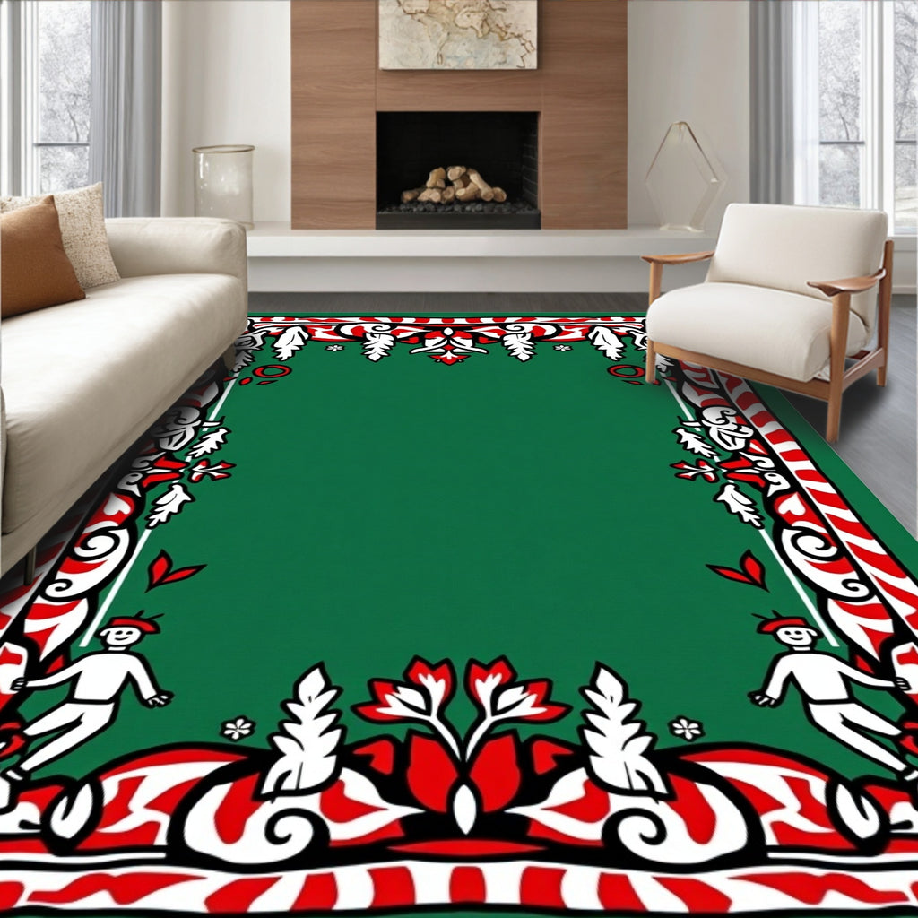 Whimsical Figures Green Red Border Rug
