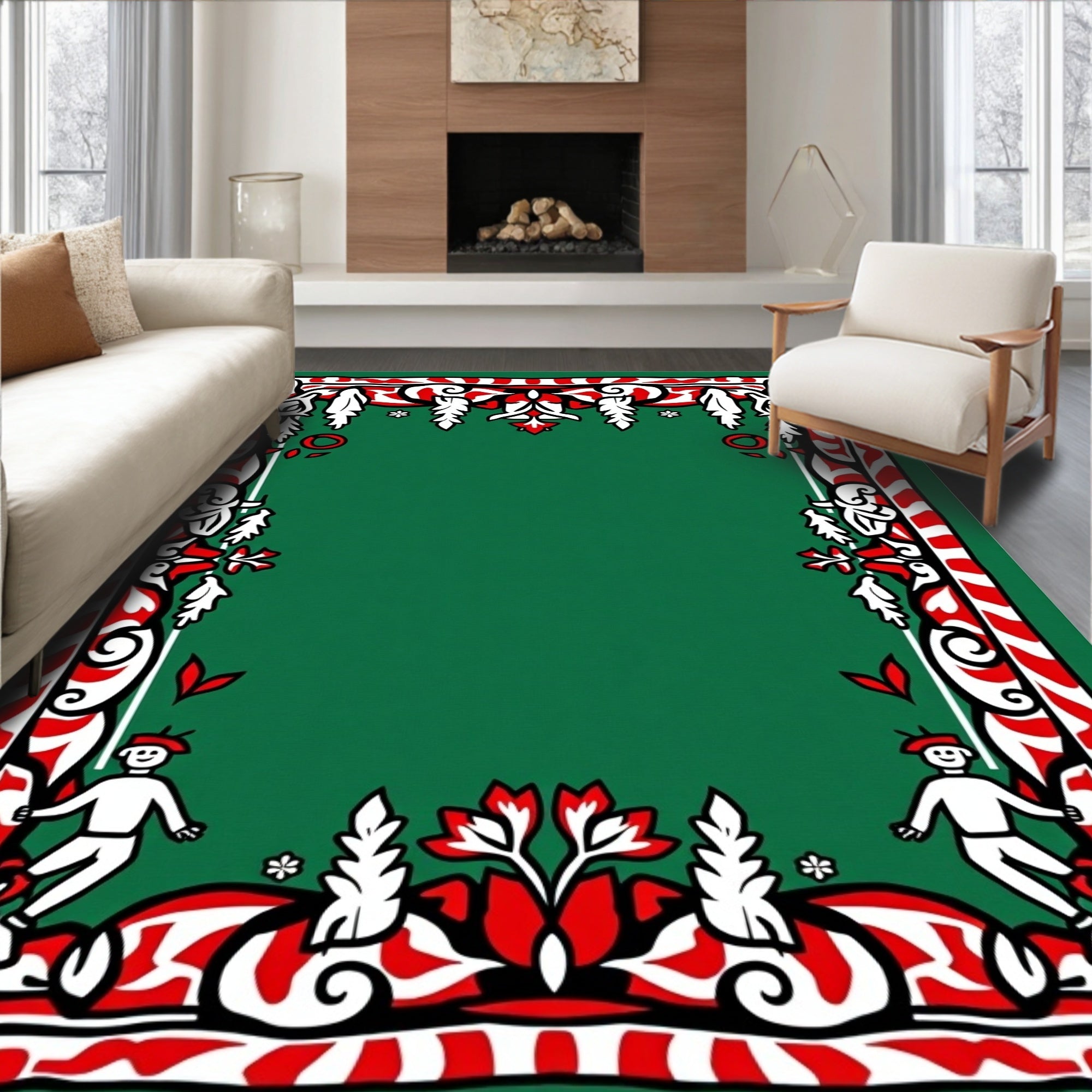 Whimsical Figures Green Red Border Rug