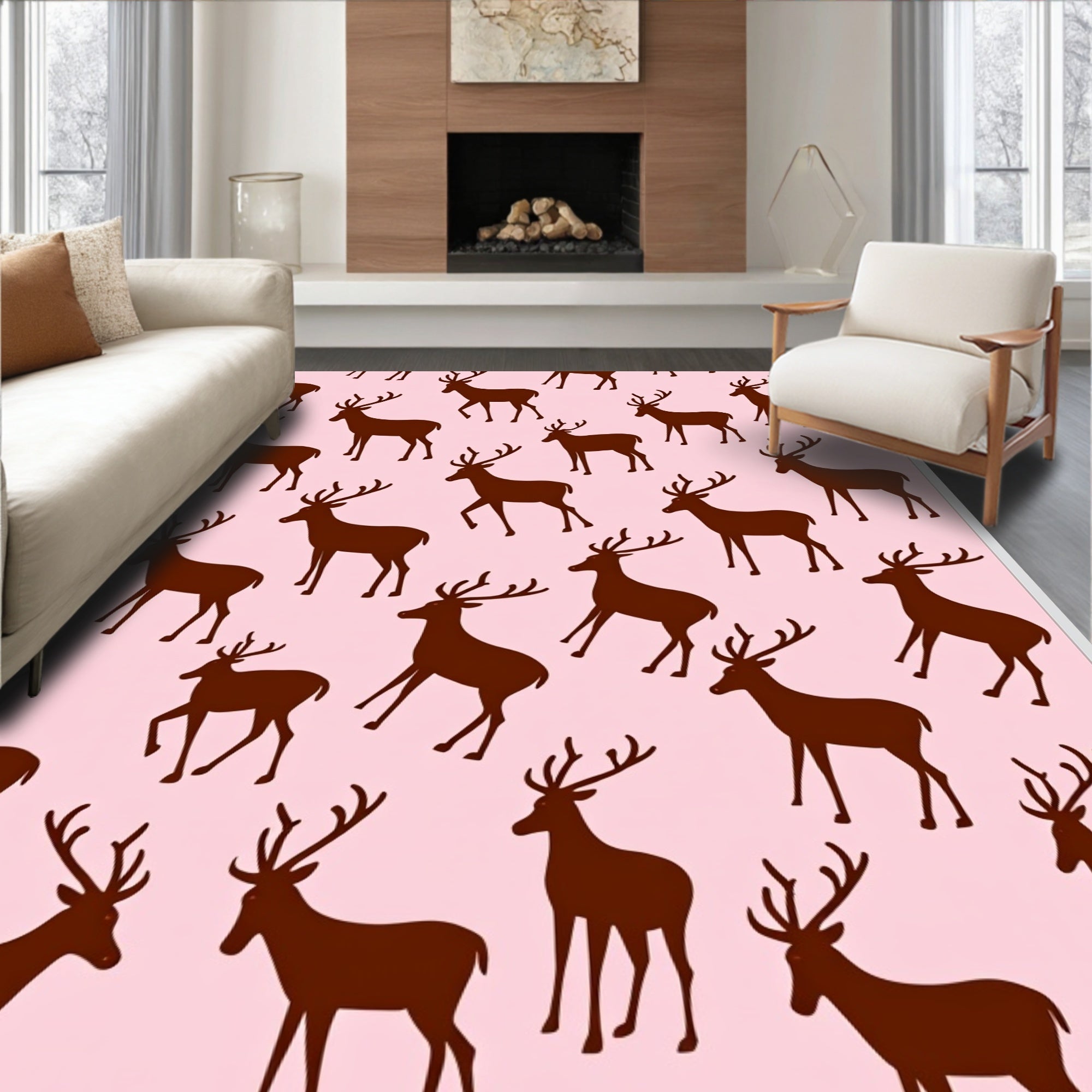 Brown Deer Silhouette Pink Background Rug