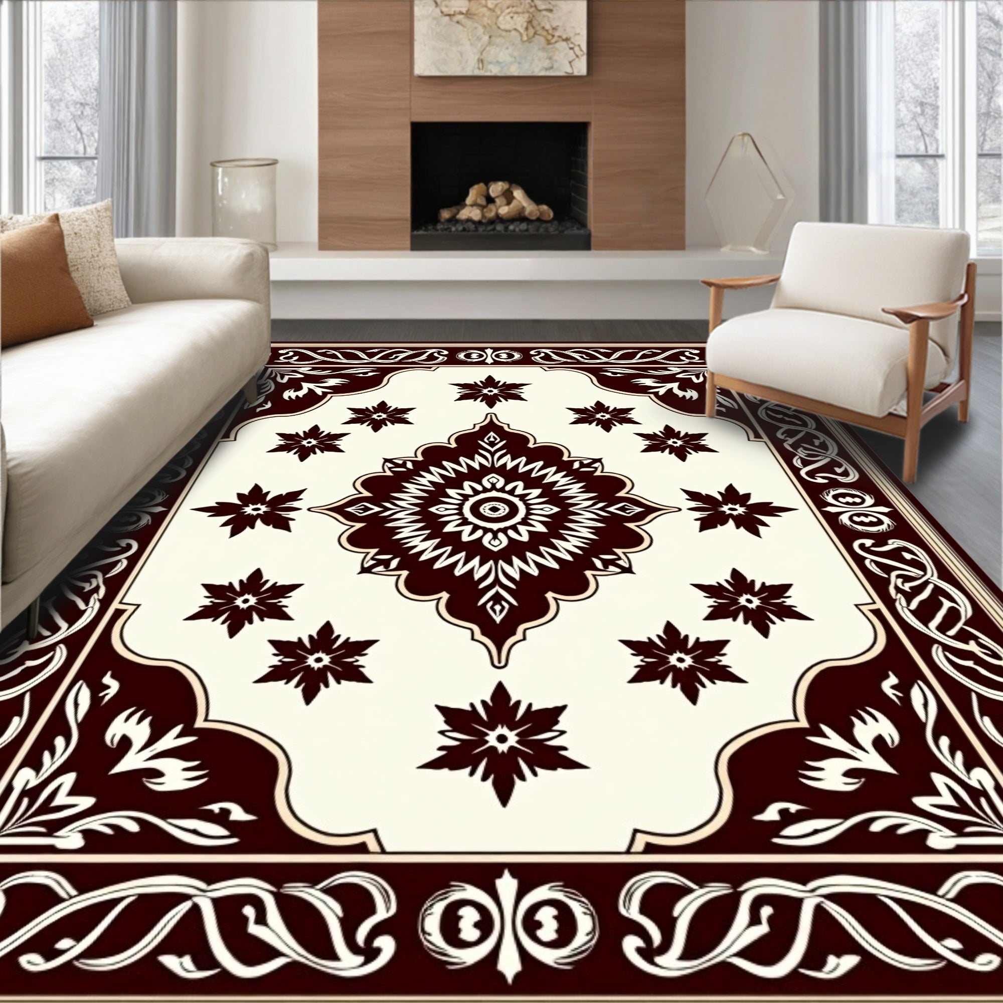 Elegant Crimson Floral Medallion Border Rug