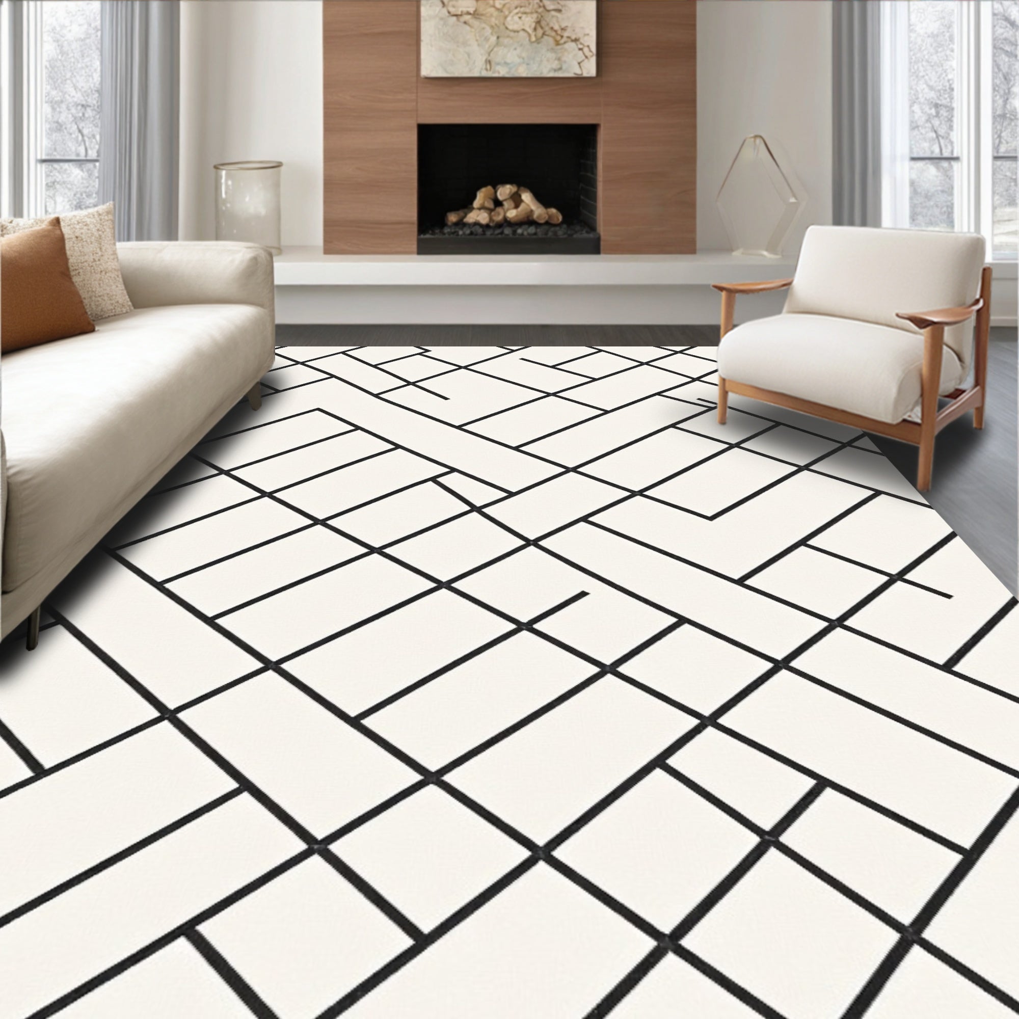 Modern Black White Interlocking Geometric Rug