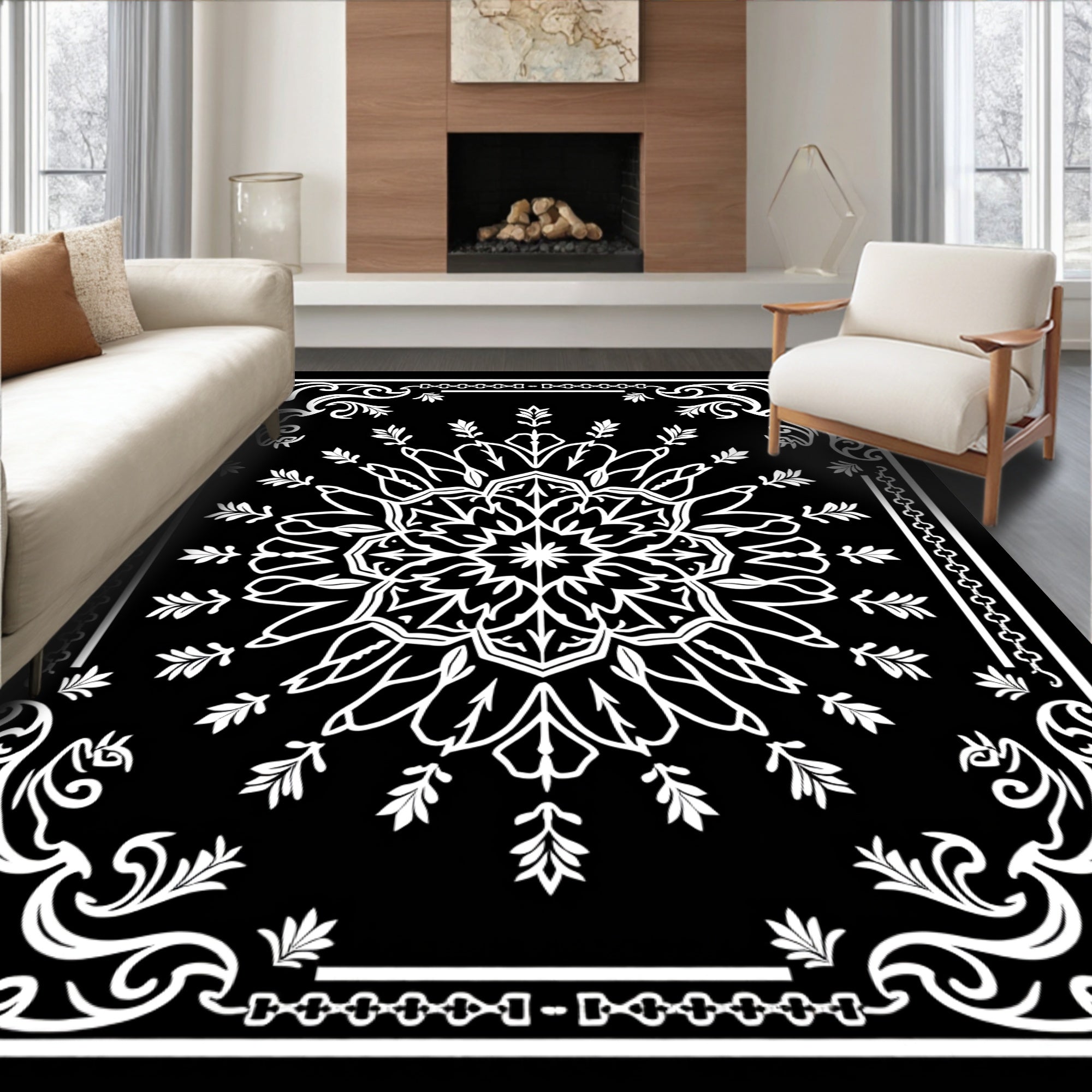 Intricate White Floral Mandala Black Rug