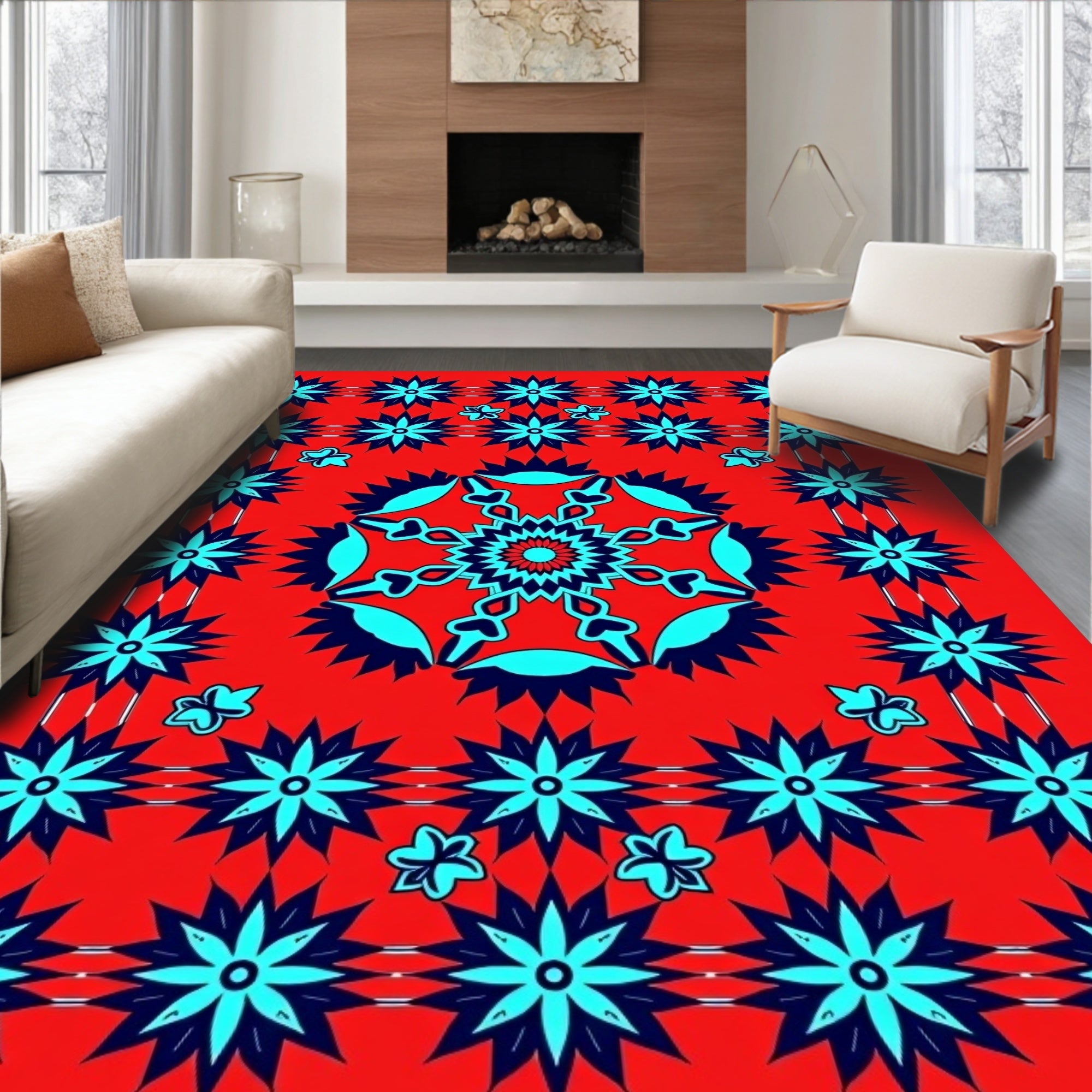 Crimson Starburst Butterfly Medallion Rug