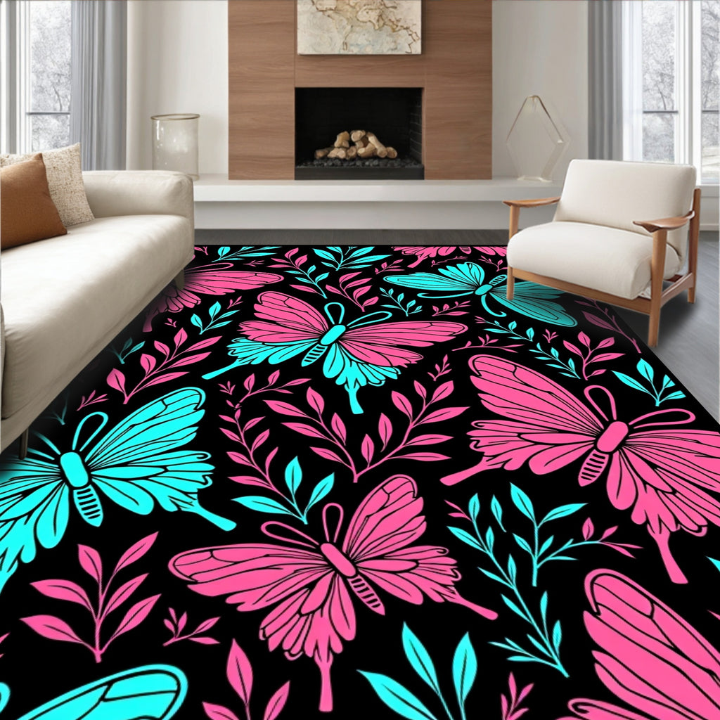 Pink Blue Butterfly Foliage Garden Rug