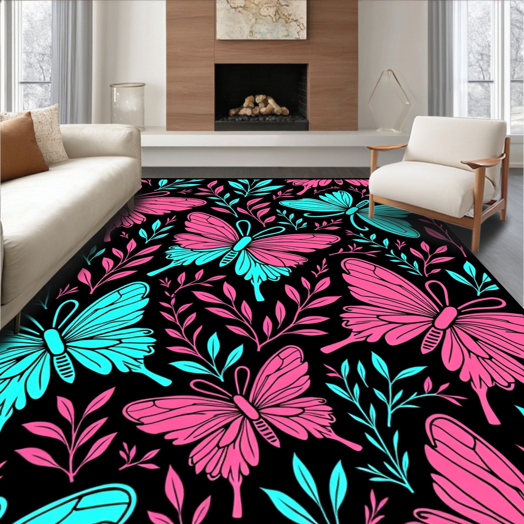 Pink Blue Butterfly Foliage Garden Rug