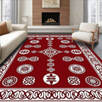 Deep Red Geometric Medallion Border Rug