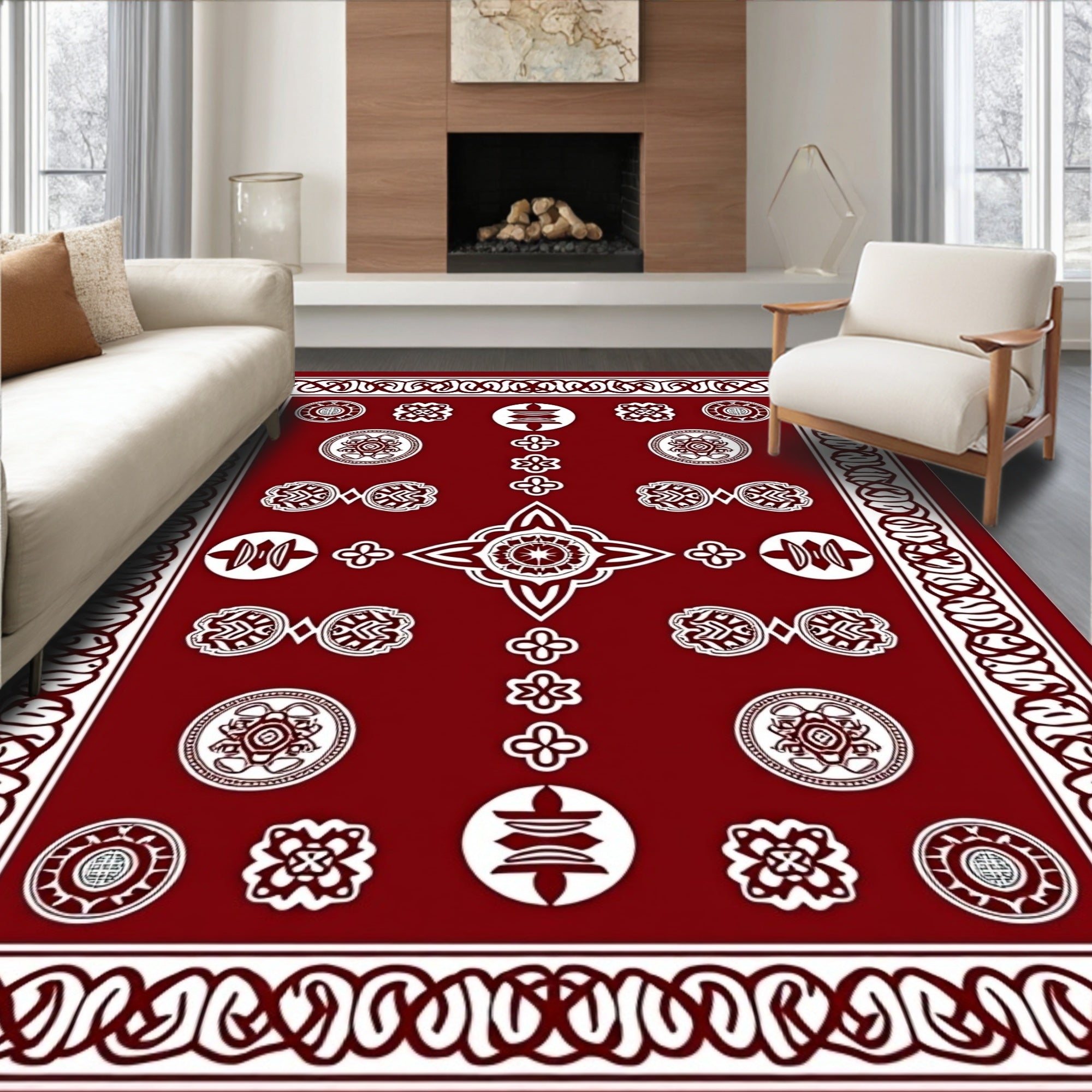 Deep Red Geometric Medallion Border Rug