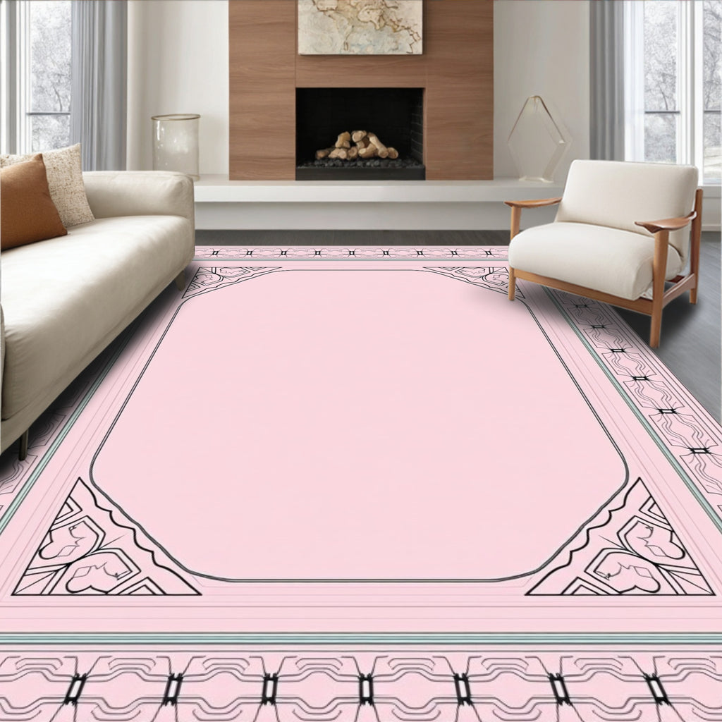 Pale Pink Ornamental Geometric Border Rug