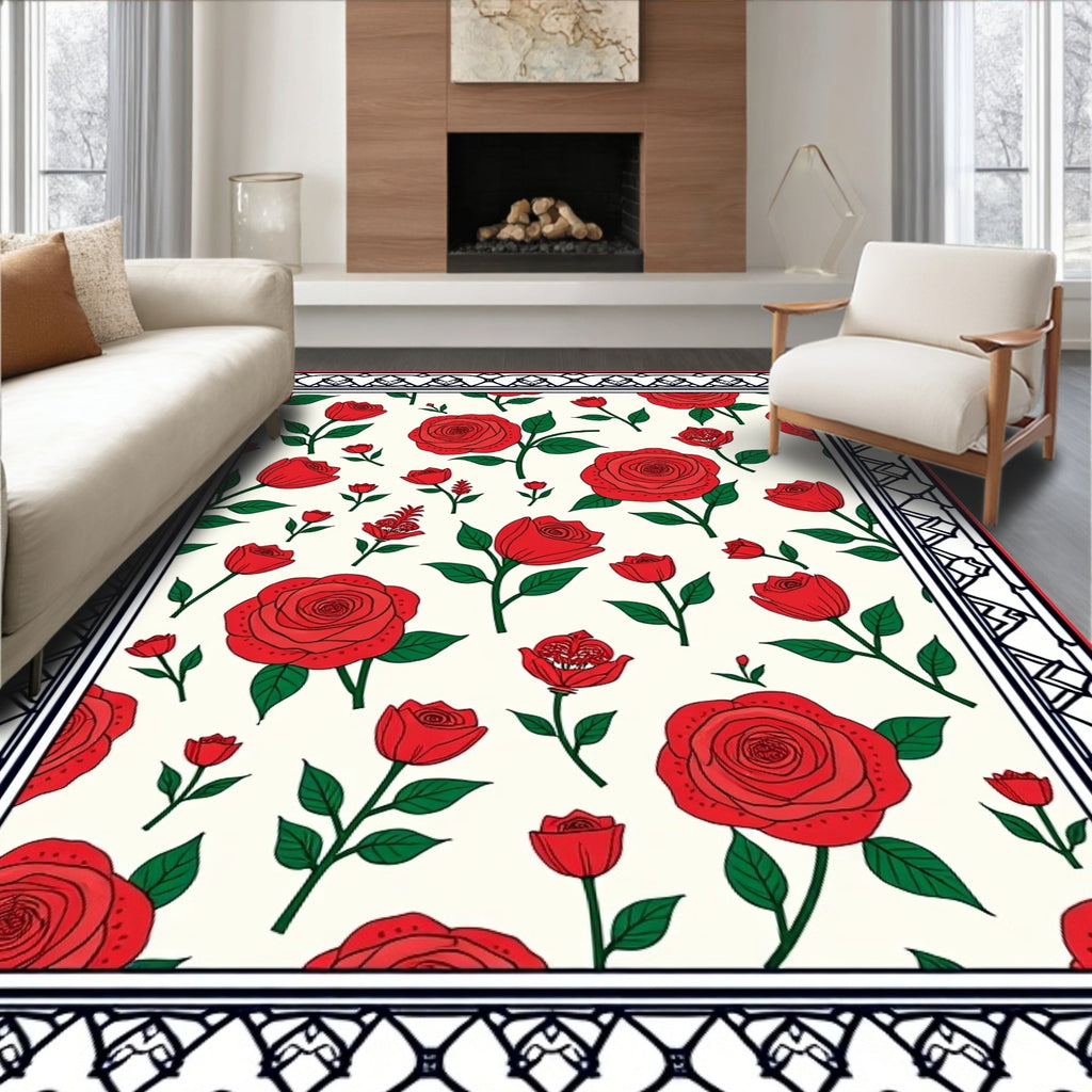 Classic Red Rose Garden Border Rug