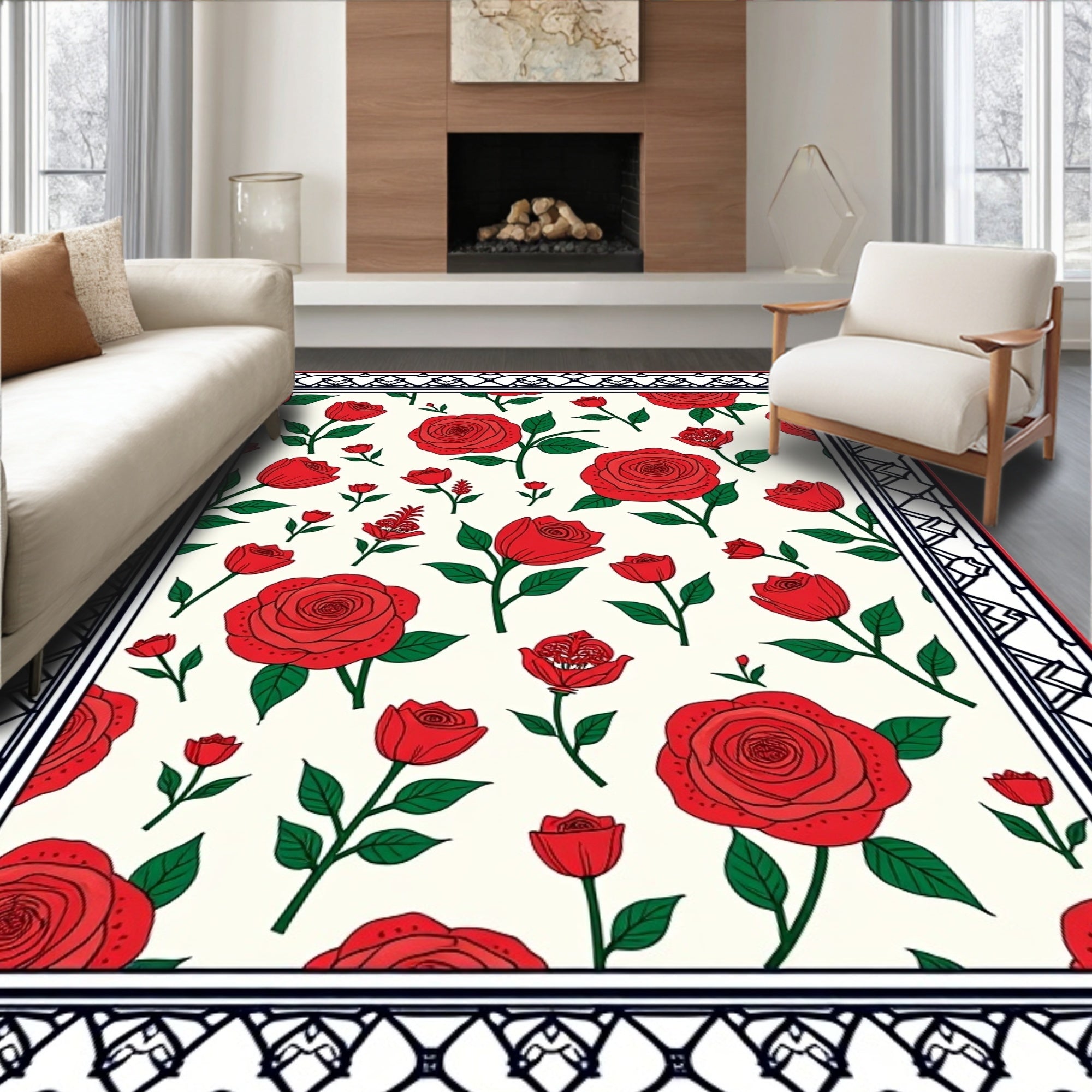 Classic Red Rose Garden Border Rug