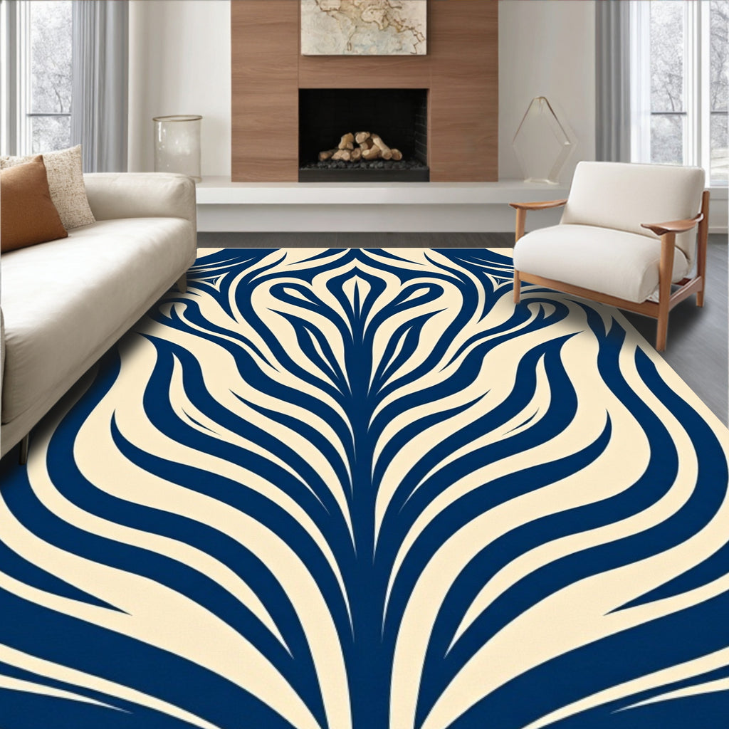 Dark Blue Floral Swirl Cream Rug