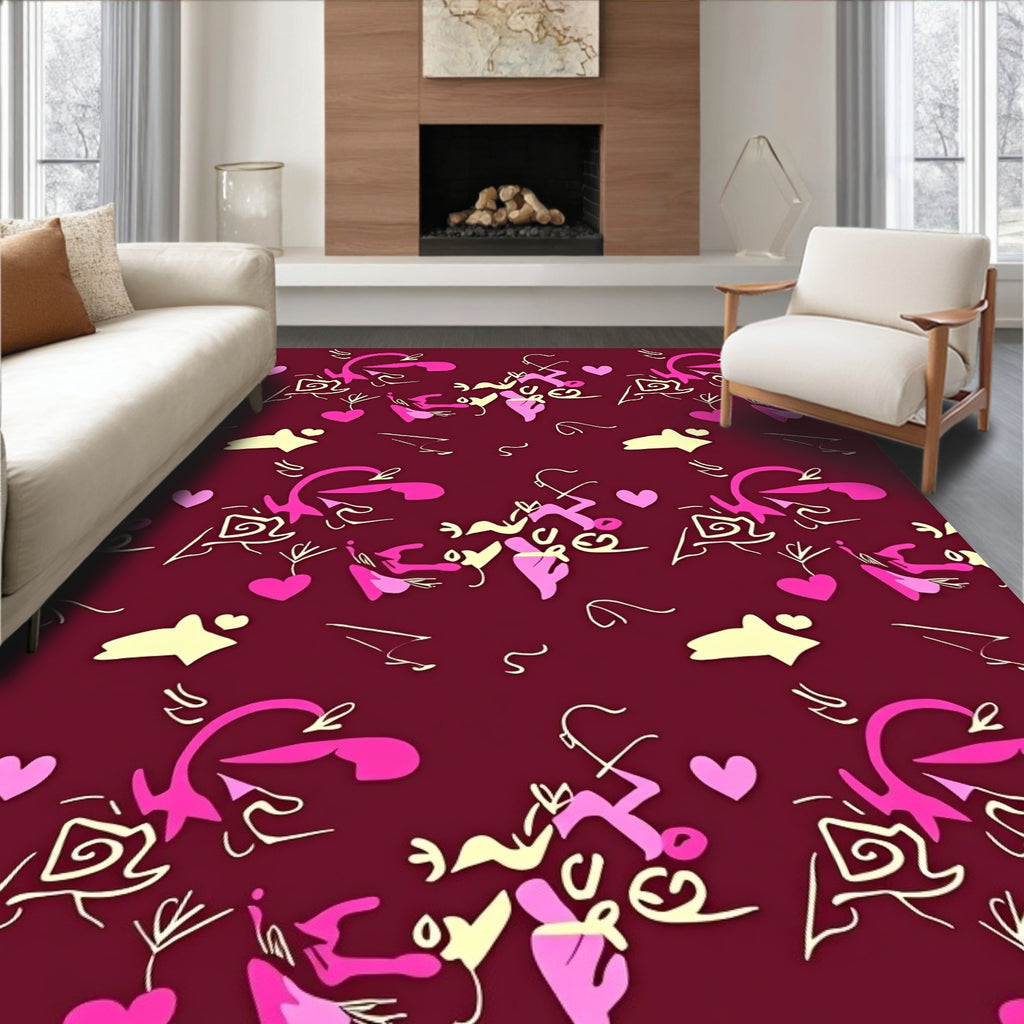 Crimson Pink Yellow Abstract Hearts Swirls Rug