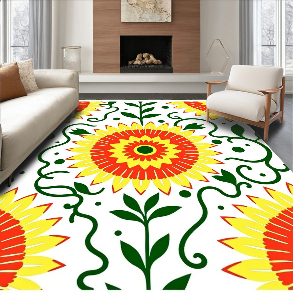 Vibrant Red Yellow Floral Vines Rug