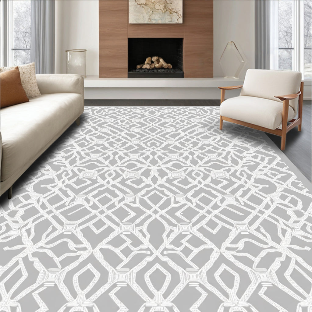White Interlocking Lattice Over Gray Background Rug