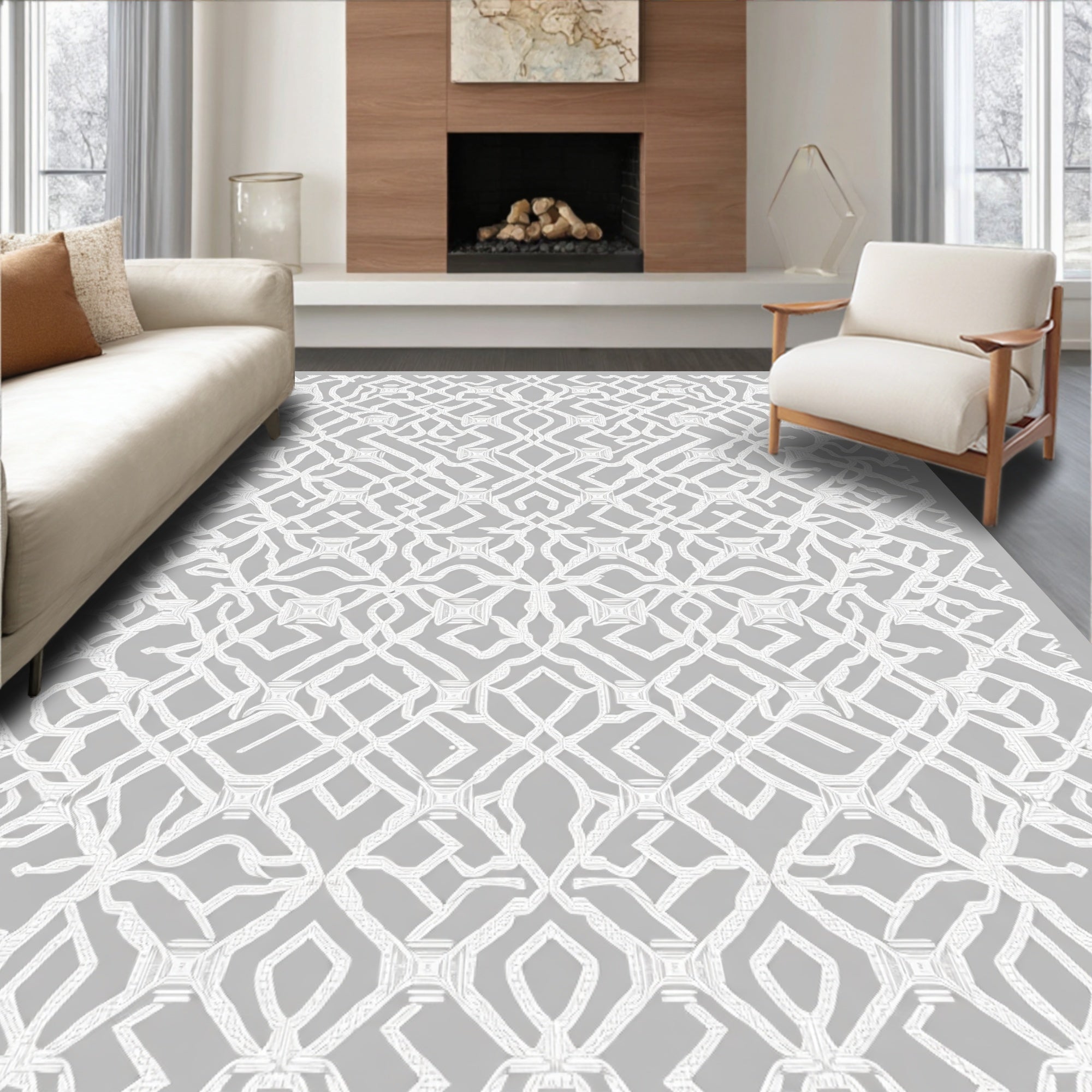 White Interlocking Lattice Over Gray Background Rug