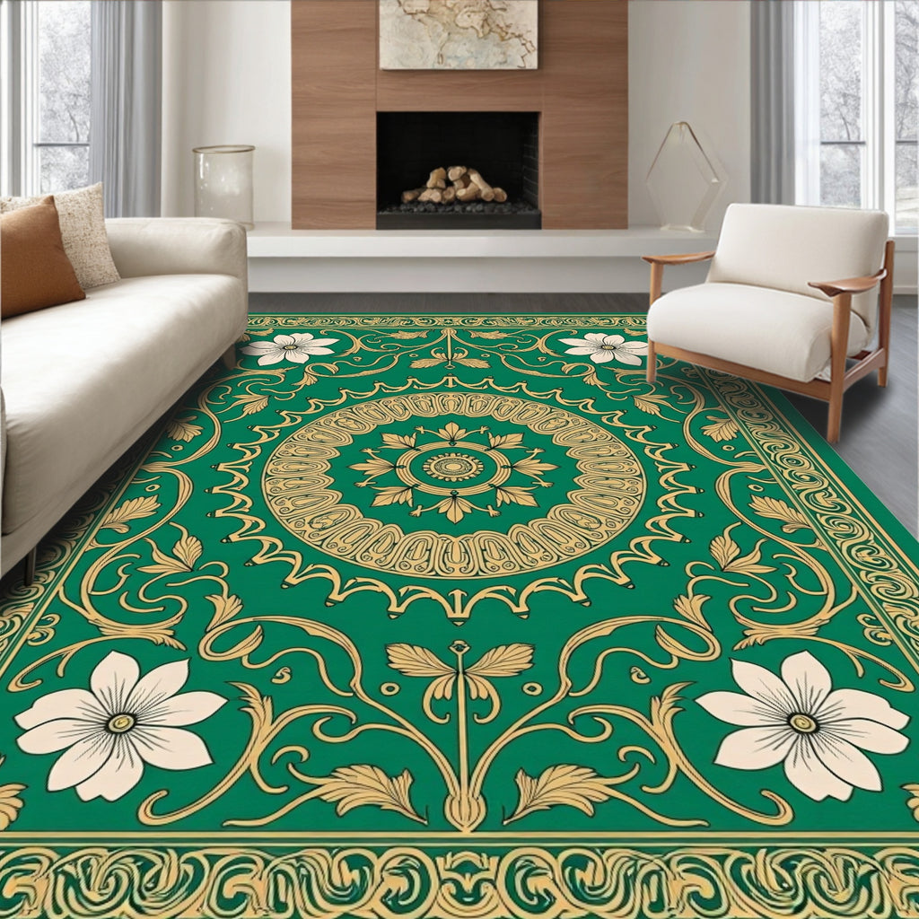 Emerald Gold Floral Mandala Ornamental Rug