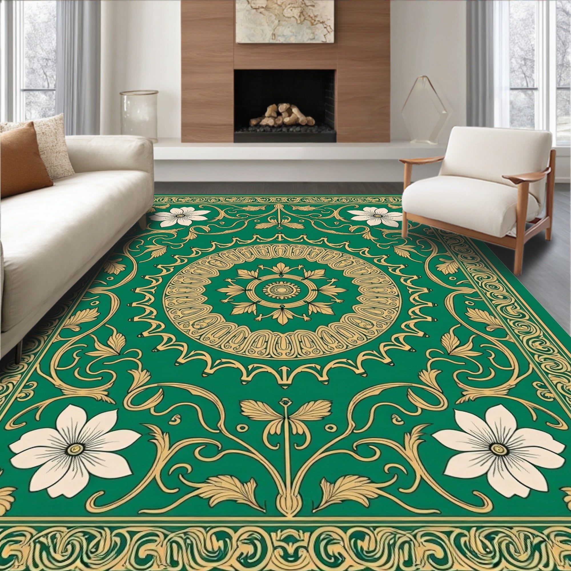 Emerald Gold Floral Mandala Ornamental Rug