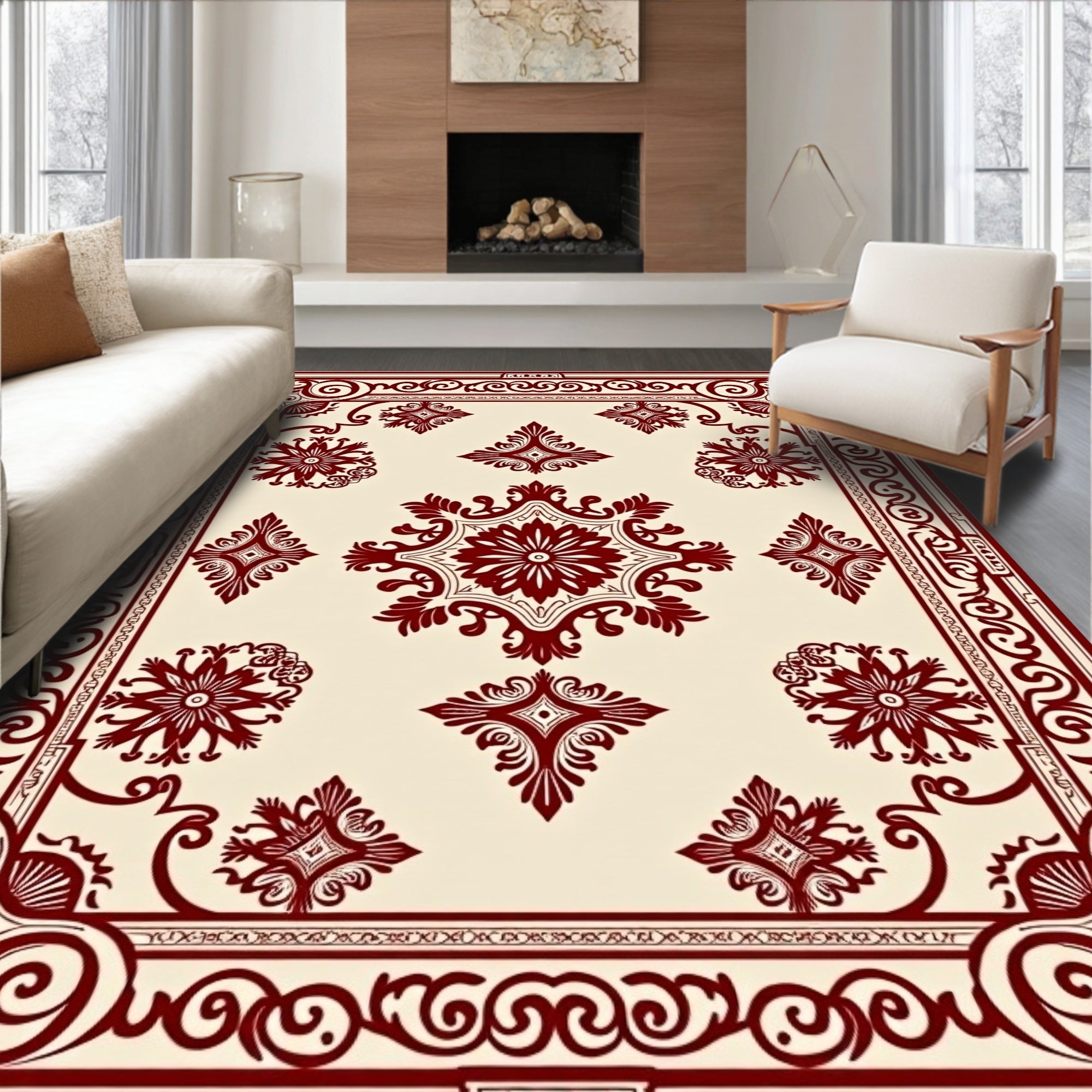 Ornate Crimson Garden Rococo Ornament Rug
