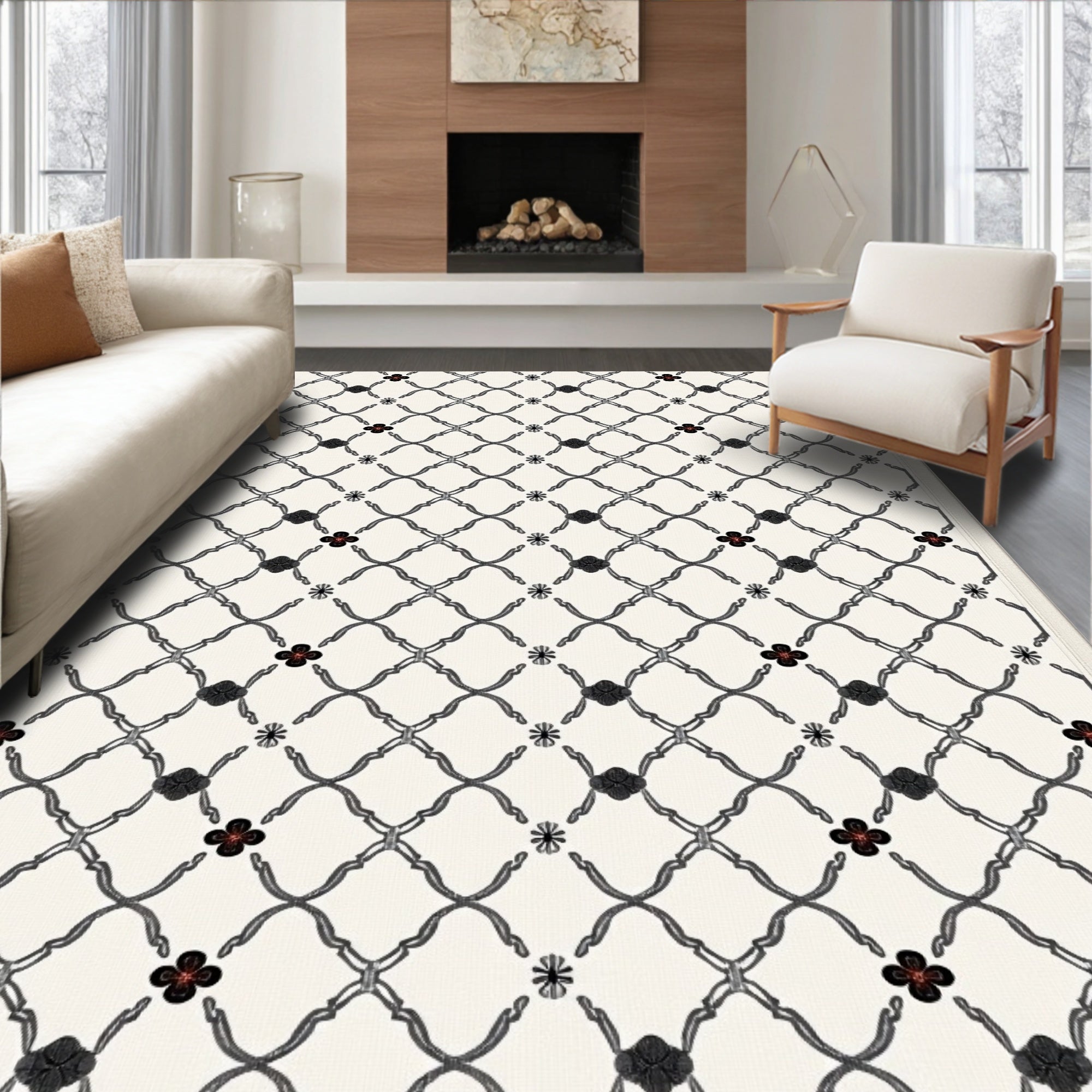Classic Lattice Red Flower Rug