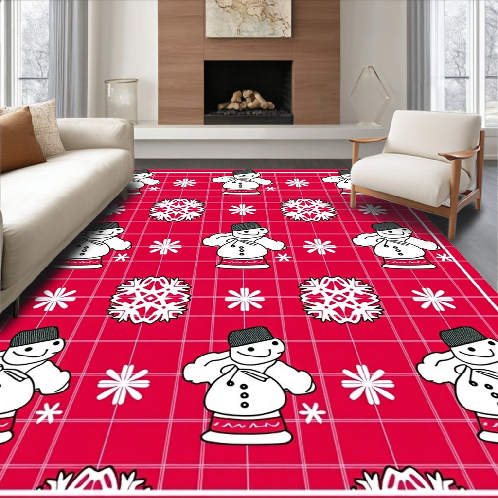 Jolly Snowman Red Grid Snowflakes Rug