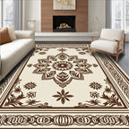 Brown Floral Medallion Cream Border Rug
