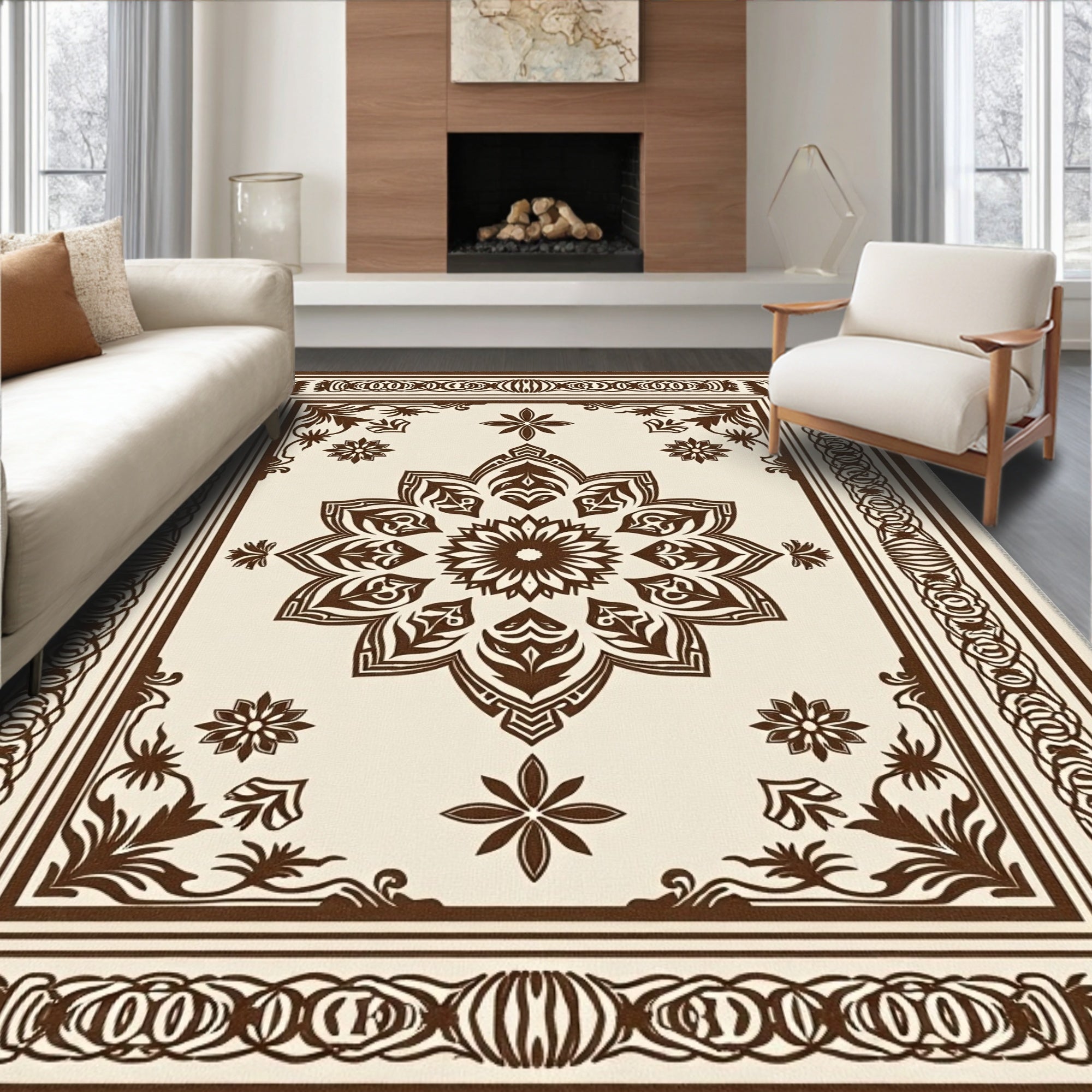 Brown Floral Medallion Cream Border Rug