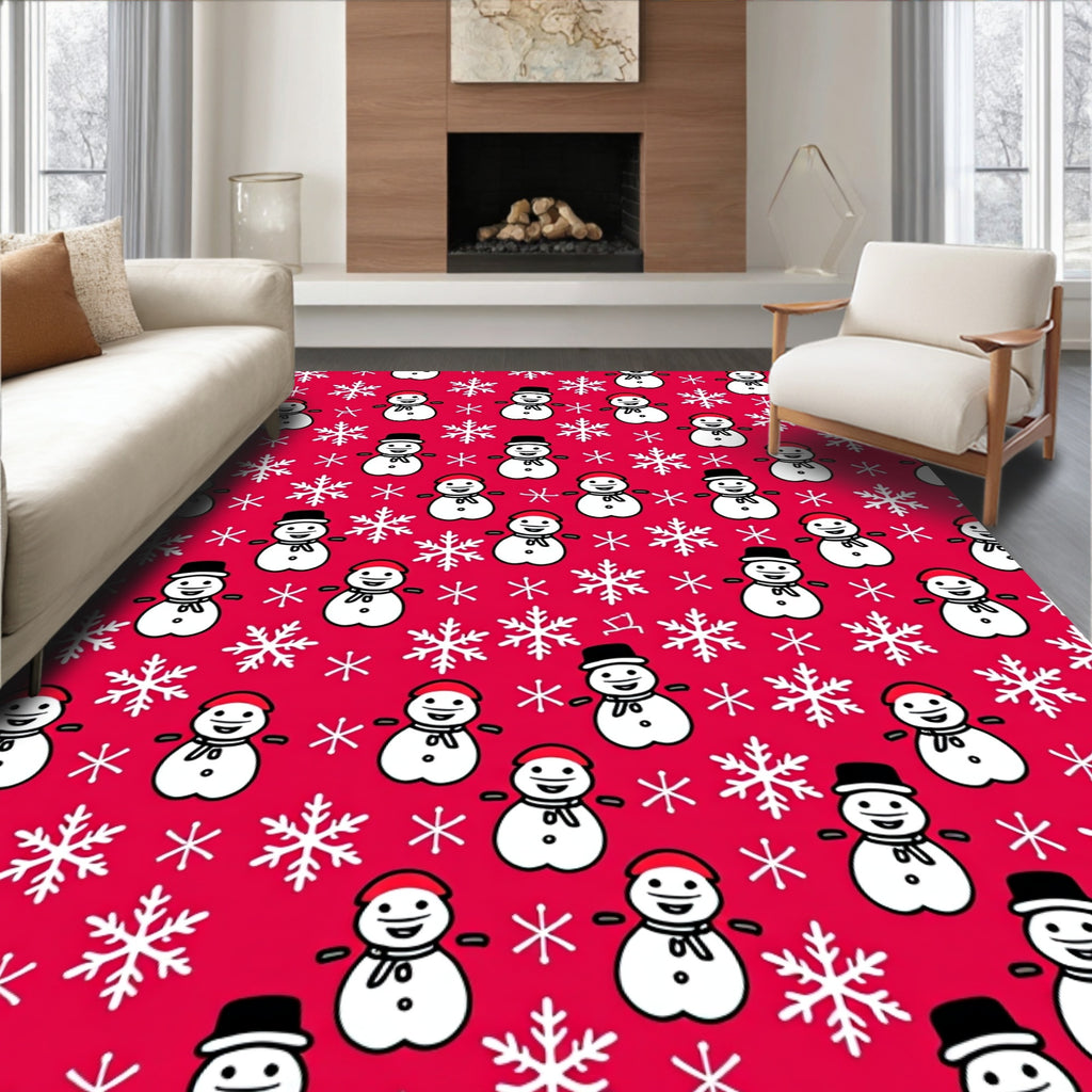 Winter Snowman Snowflakes Red Canvas Rug