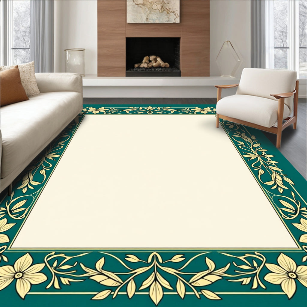 Elegant Teal Floral Vine Border Rug